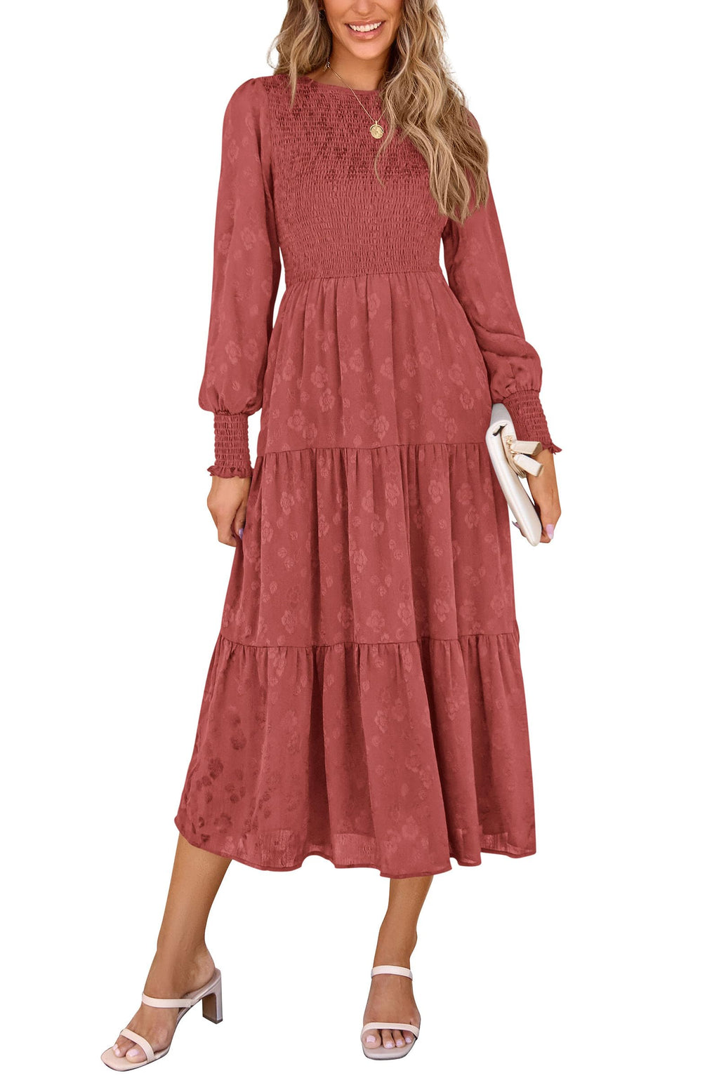 PRETTYGARDEN Women's Fall Spring Midi Dress Long Sleeve Floral Smocked Elegant Wedding Guest Long Flowy Dresses with Pockets