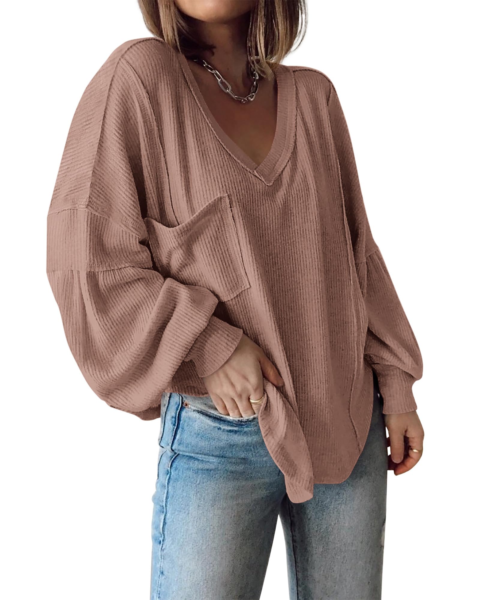 FreshPretty Womens Fall Fashion Long Sleeve Shirts Casual V Neck Ribbed Knit Blouses Pullover Trendy Loose Fit Tunic Tops