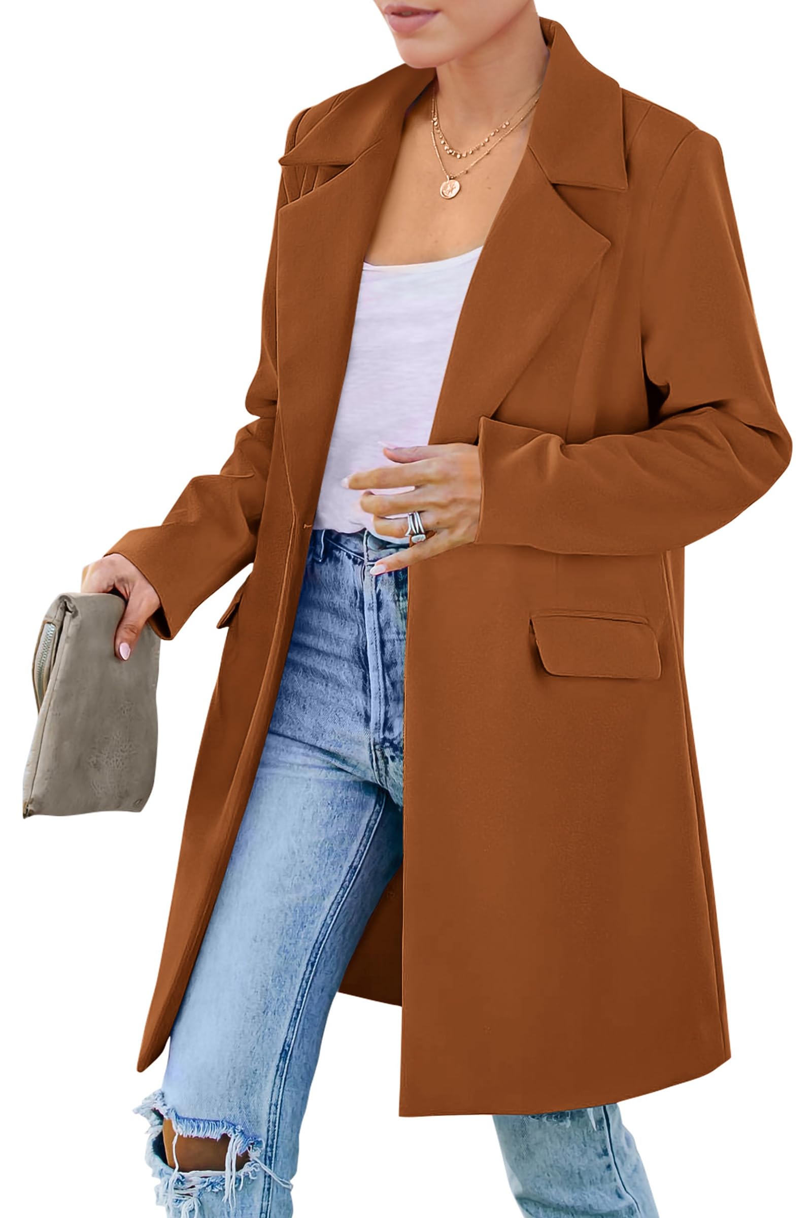 PRETTYGARDEN Women's Spring Fall Long Blazer Jackets Long Sleeve Lapel Pockets Loose Fit Work Casual Blazers Outerwear