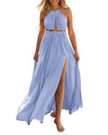 BTFBM Women Halter Summer Dresses Sleeveless Cutout Backless Sundress Slit Boho Maxi Beach Wedding Guest Dress