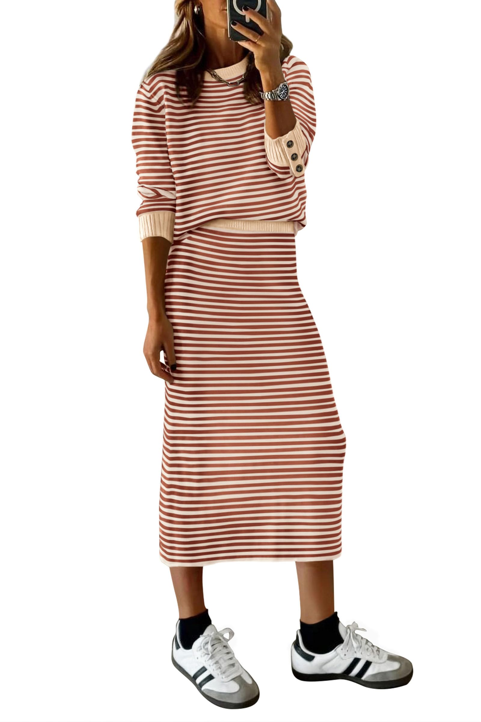 PRETTYGARDEN 2 Piece Skirts Sets For Women Fall Fashion Striped Sweater Dress Knit Lounge Travel Outfits Winter Clothing