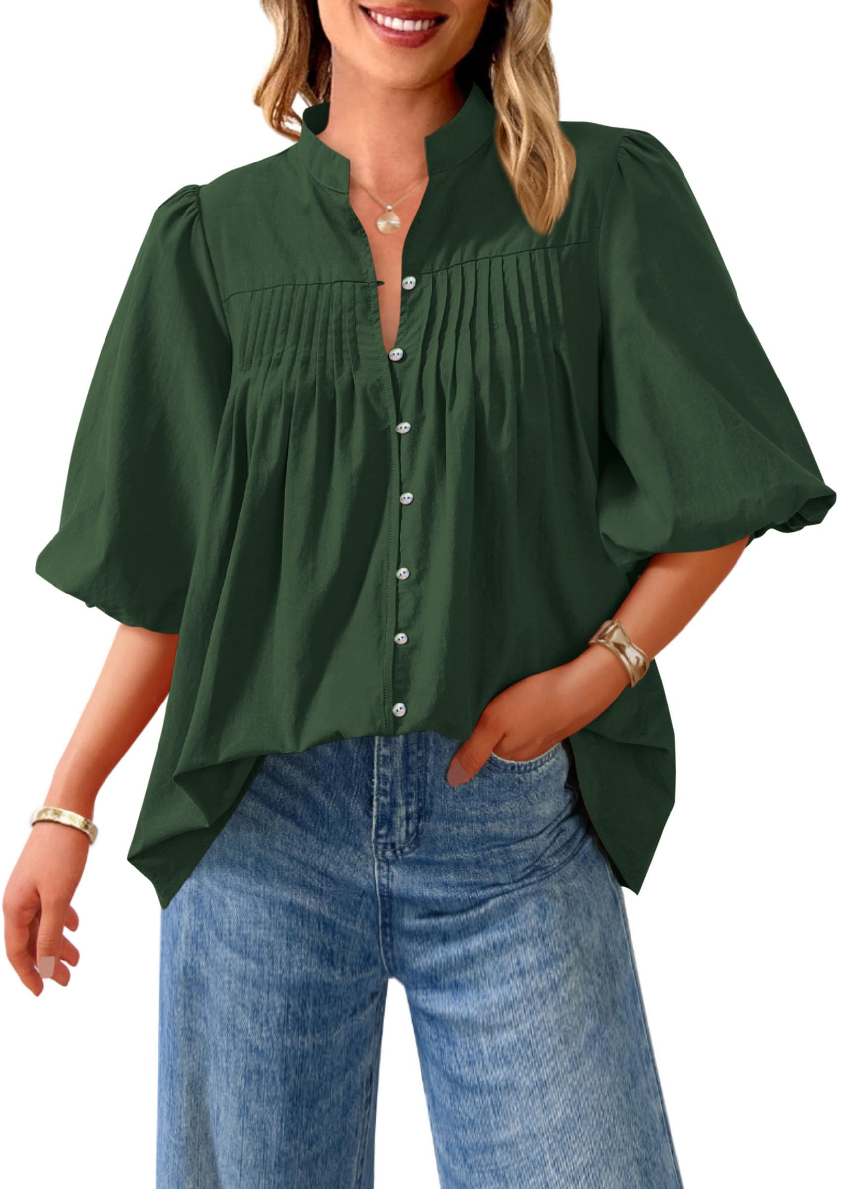 PRETTYGARDEN Women's  Summer Short Lantern Sleeve Tops Loose Fit Button Down Shirt Pleated V Neck Blouses Trendy Clothes
