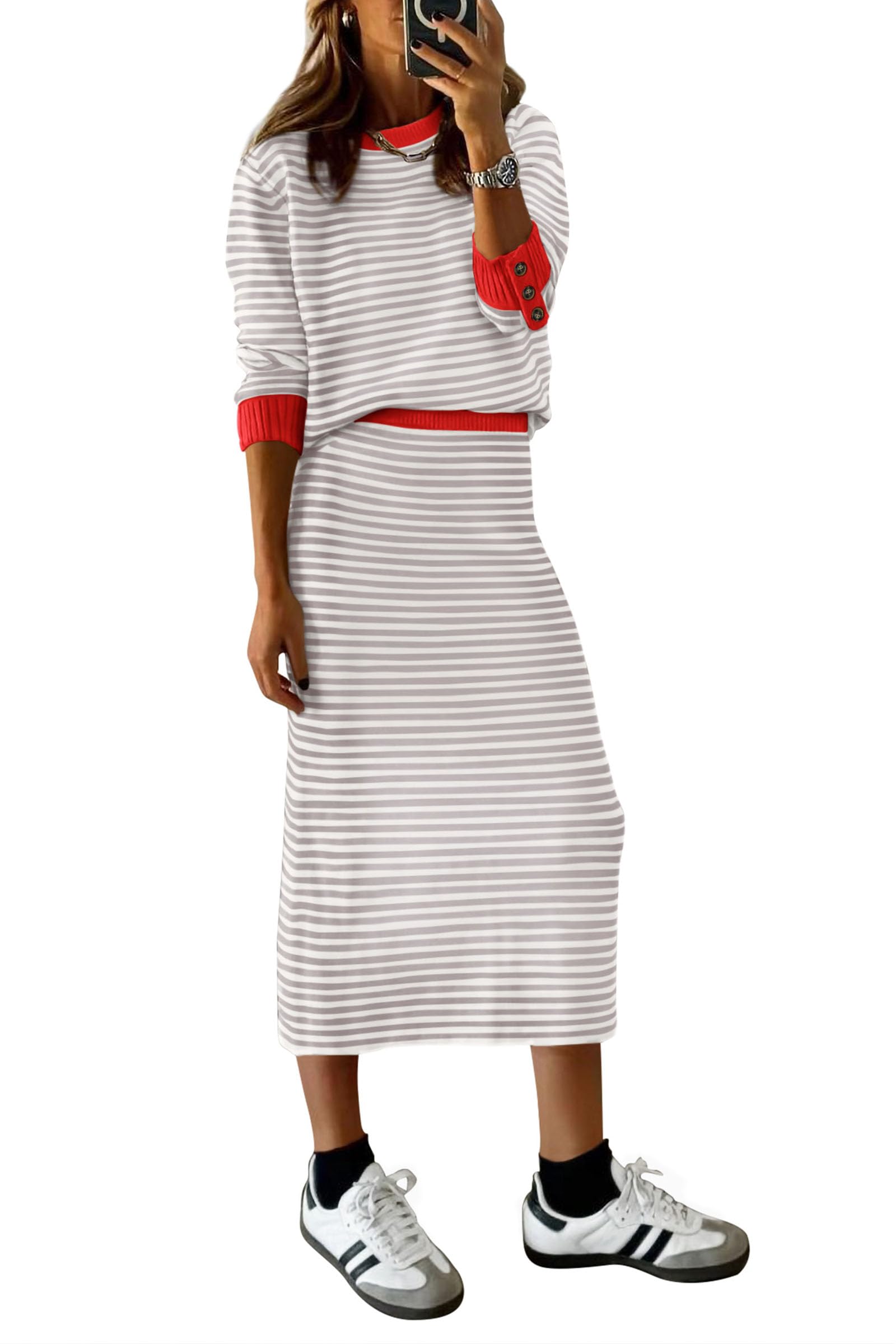 PRETTYGARDEN 2 Piece Skirts Sets For Women Fall Fashion Striped Sweater Dress Knit Lounge Travel Outfits Winter Clothing