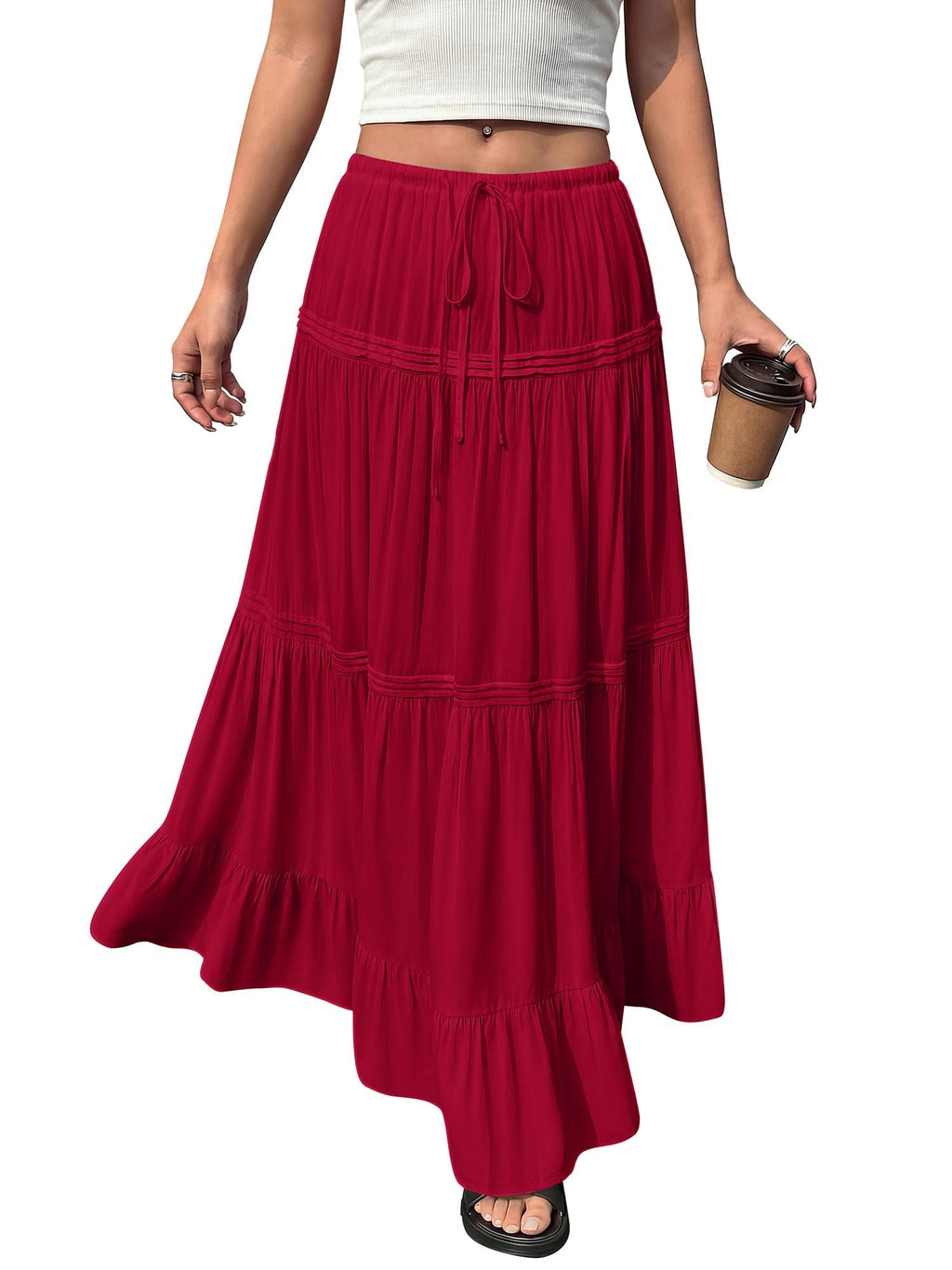 BTFBM Spring Skirts for Women Summer Boho Beach Vacation Clothes Casual Pleated High Waisted Flowy Maxi Skirt