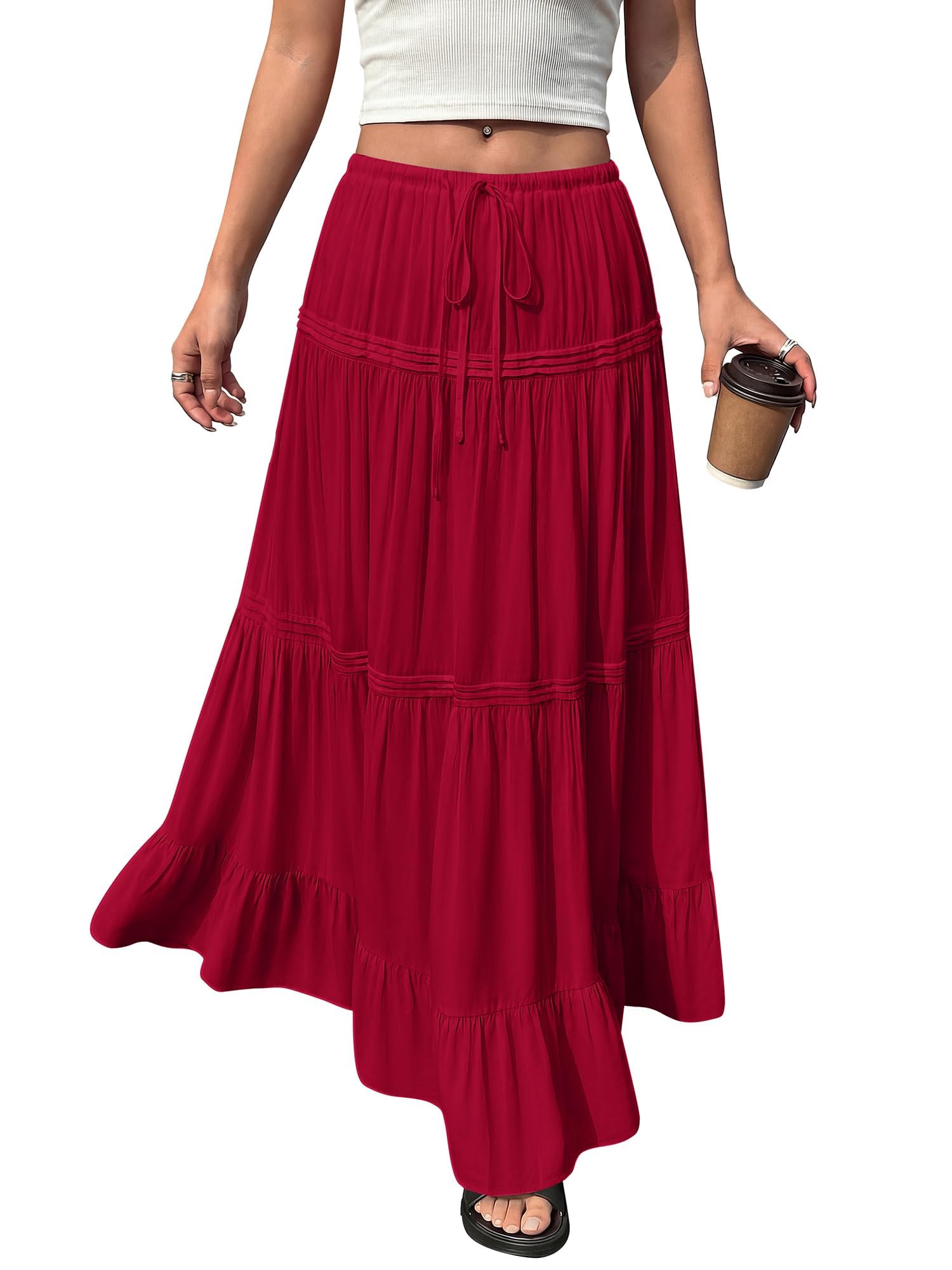 BTFBM Spring Skirts for Women Summer Boho Beach Vacation Clothes Casual Pleated High Waisted Flowy Maxi Skirt
