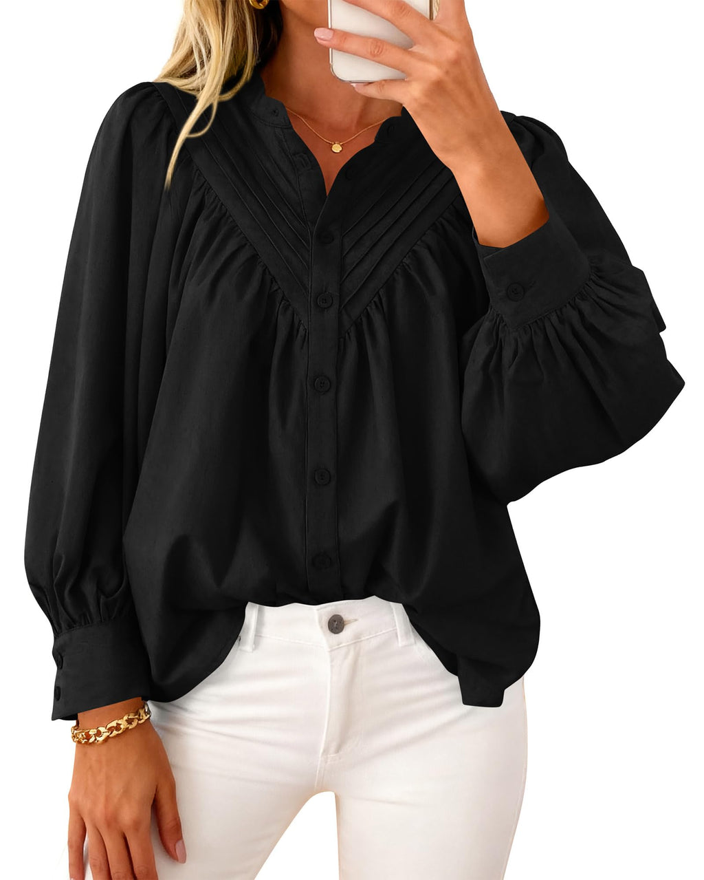 FreshPretty Blouses for Women Dressy Casual Fashion Clothing Long Sleeve Shirts Loose Fit Button Down Pleated Boho Going Out Tops