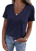 FreshPretty V Neck T Shirts for Women Summer Tops Spring Short Sleeve Dressy Casual Blouses Basic Tees Fashion Clothing
