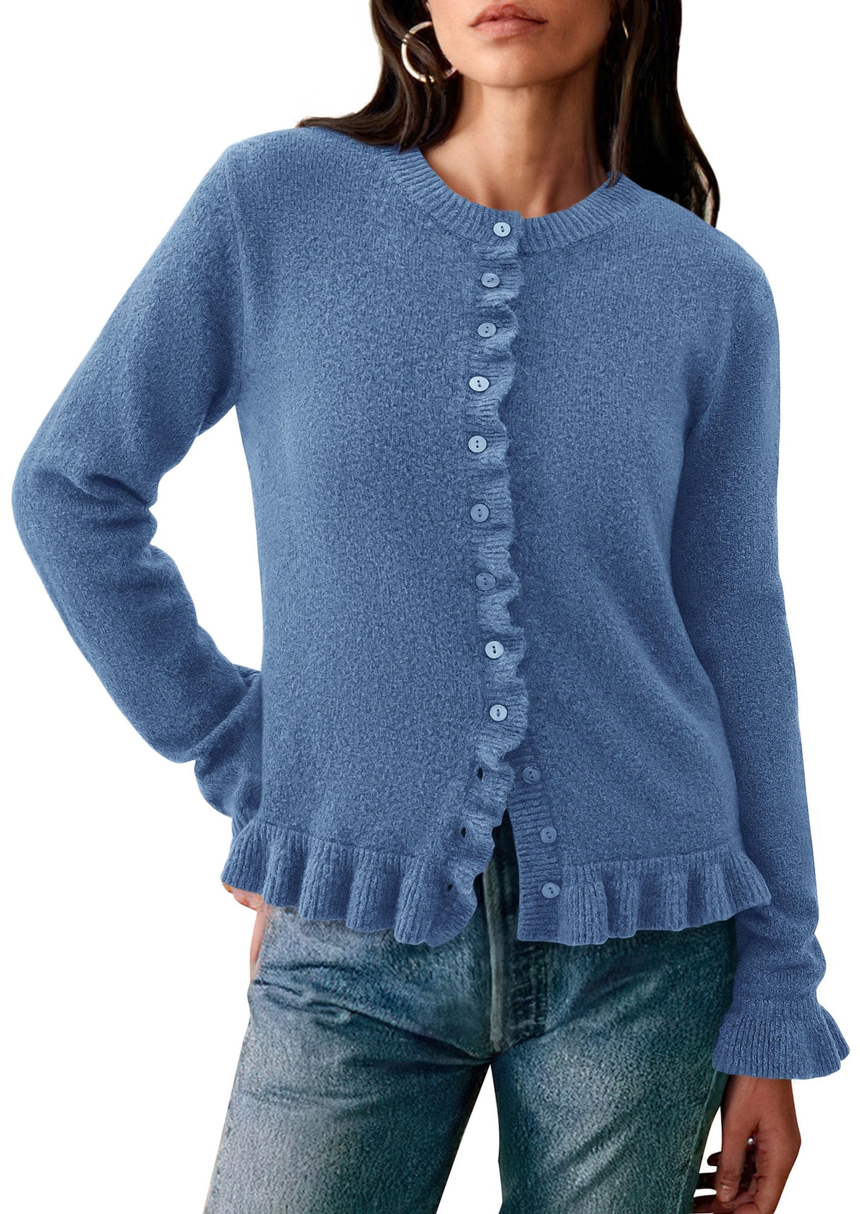 PRETTYGARDEN Womens Fall Button Down Cardigans Chunky Knit Ruffle Open Front Cropped Cardigan Sweaters Soft Long Sleeve Tops