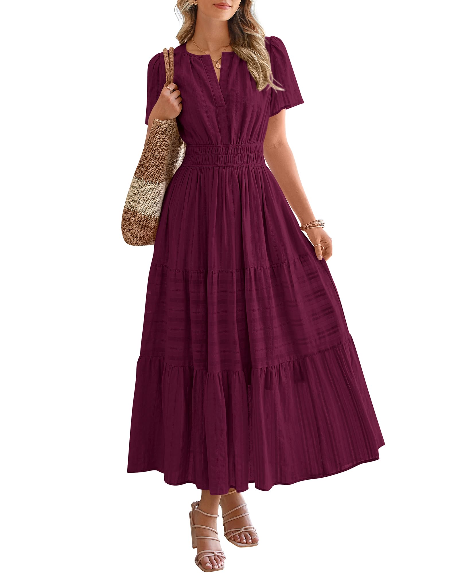 BTFBM Womens Summer Casual Midi Maxi Dresses Lightweight Short Sleeve V Neck Elastic Waist Boho Beach Dress Pockets