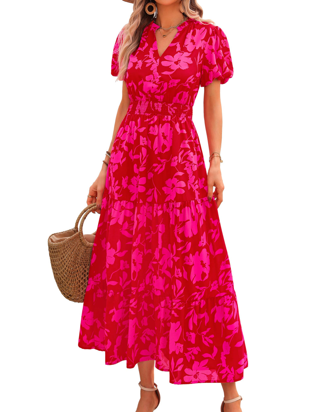 PRETTYGARDEN Summer Maxi Dresses for Women  Casual V Neck Puff Short Sleeve Smocked Flowy Beach Boho Long Floral Dress