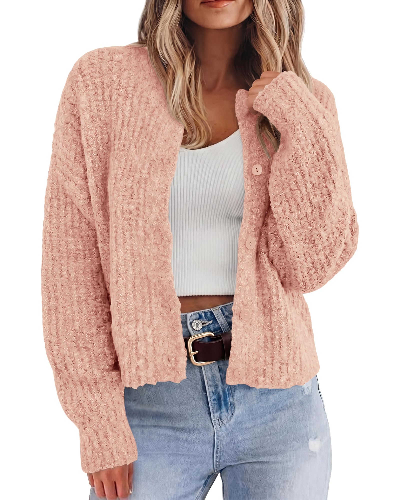 BTFBM Cardigan Sweaters for Women Fall Long Sleeve Button Down Soft Loose Chunky Knit Outwear Cropped Winter Coats