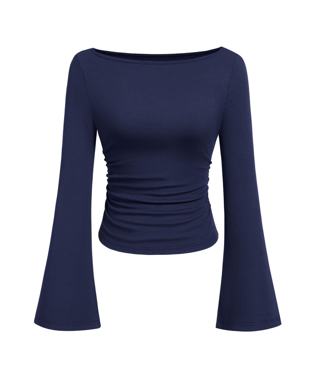 PRETTYGARDEN Women's Long Sleeve Shirts Fall Crop Going Out Tops Casual Boat Neck Bell Sleeve Ribbed Ruched Y2K Clothes