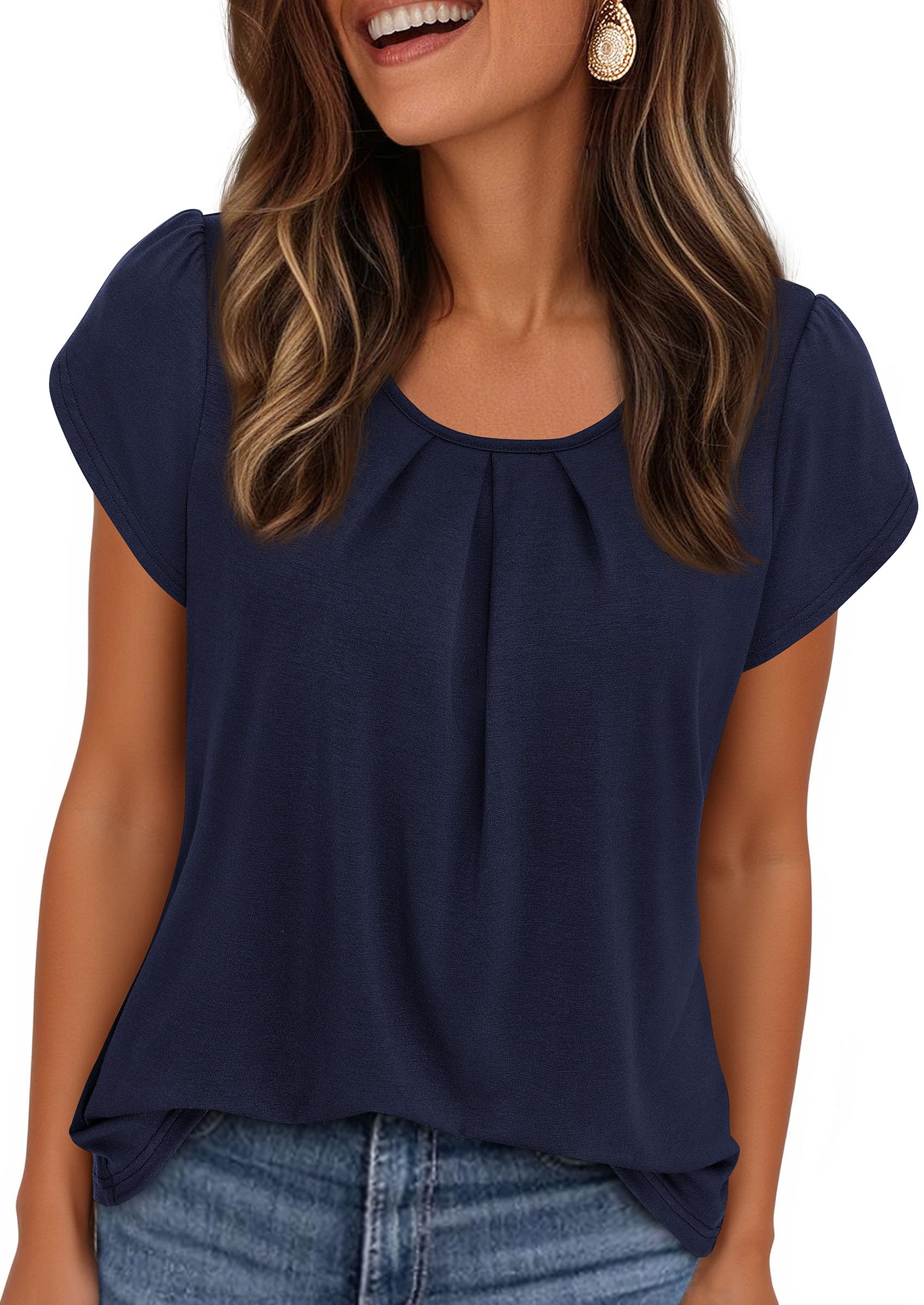 PRETTYGARDEN Womens Tops Dressy Casual Summer Short Sleeve Blouses Crew Neck Pleated Basic T Shirts Spring Clothes