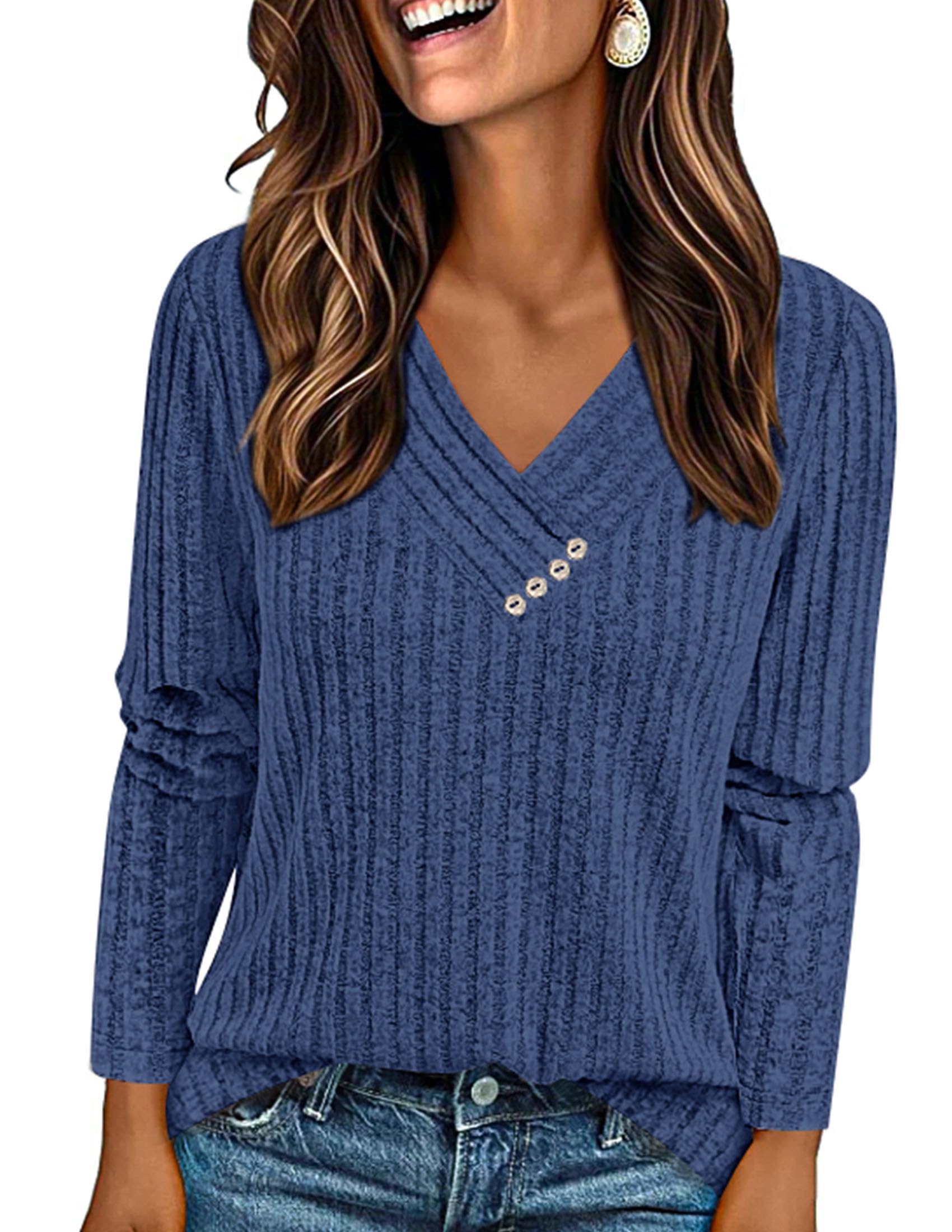 PRETTYGARDEN Women's Long Sleeve Shirts Fall Fashion Clothes Casual Ribbed V Neck Loose Tunic Tops Lightweight Sweaters