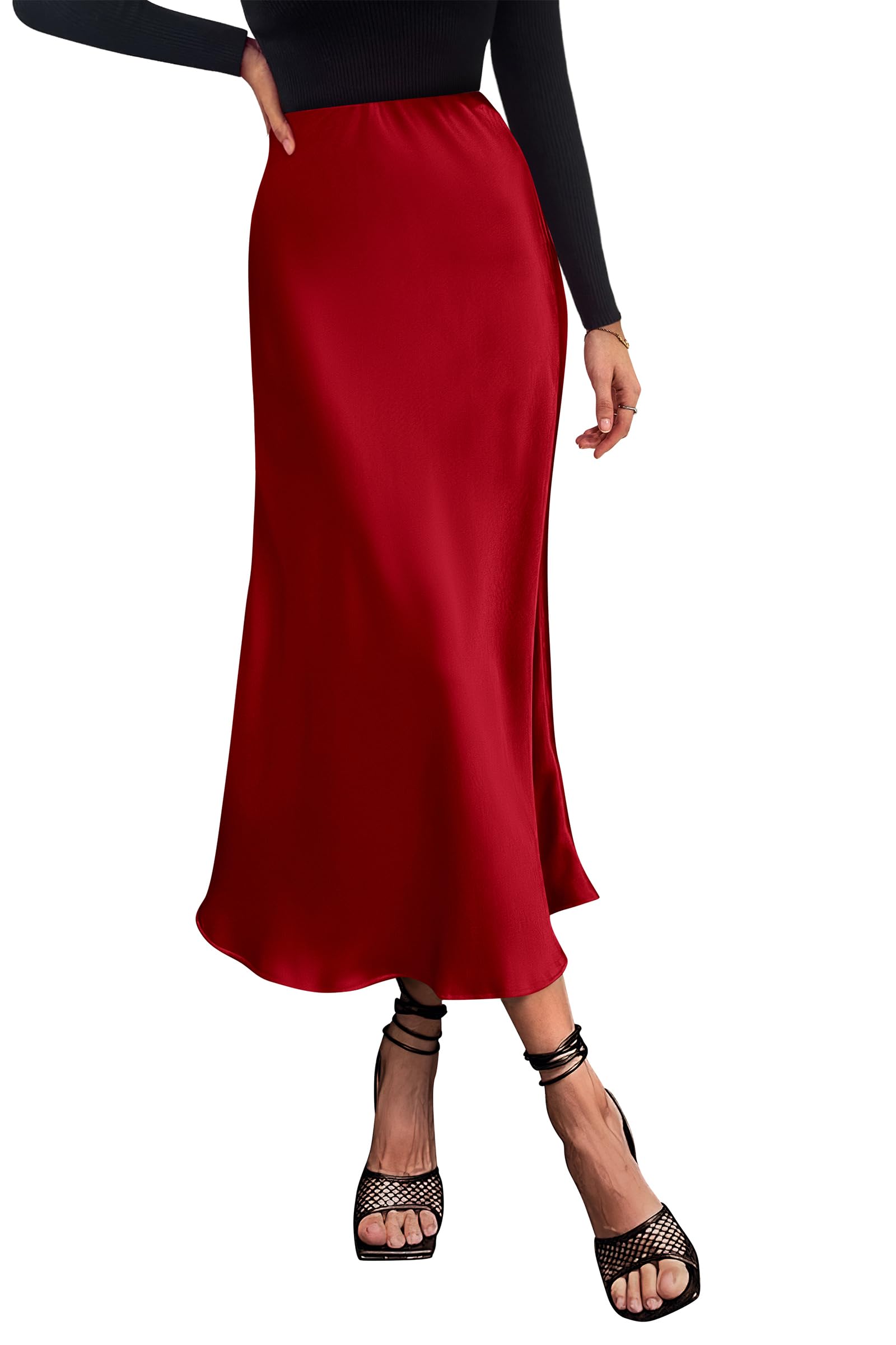 PRETTYGARDEN Women's Satin Skirts Dressy Casual Fall High Waisted Cocktail Wedding Flowy Elegant A Line Midi Skirt