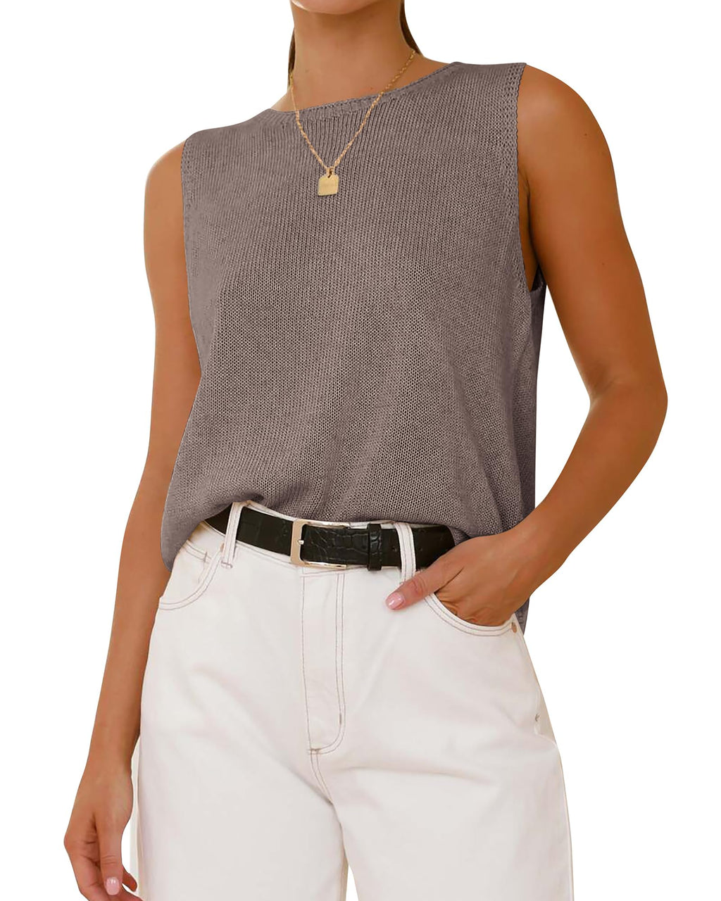 FreshPretty Women's Sleeveless Sweater Vest Summer Crew Neck Ribbed Knit Lightweight Pullover Casual Loose Fit Tank Tops