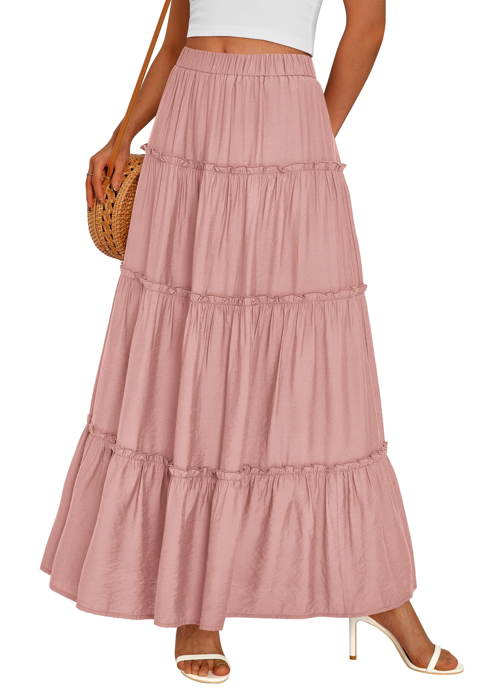 PRETTYGARDEN Women's Tiered Maxi Skirt Summer Spring Fashion High Waisted Long Flowy Casual Boho Beach Vacation Clothes