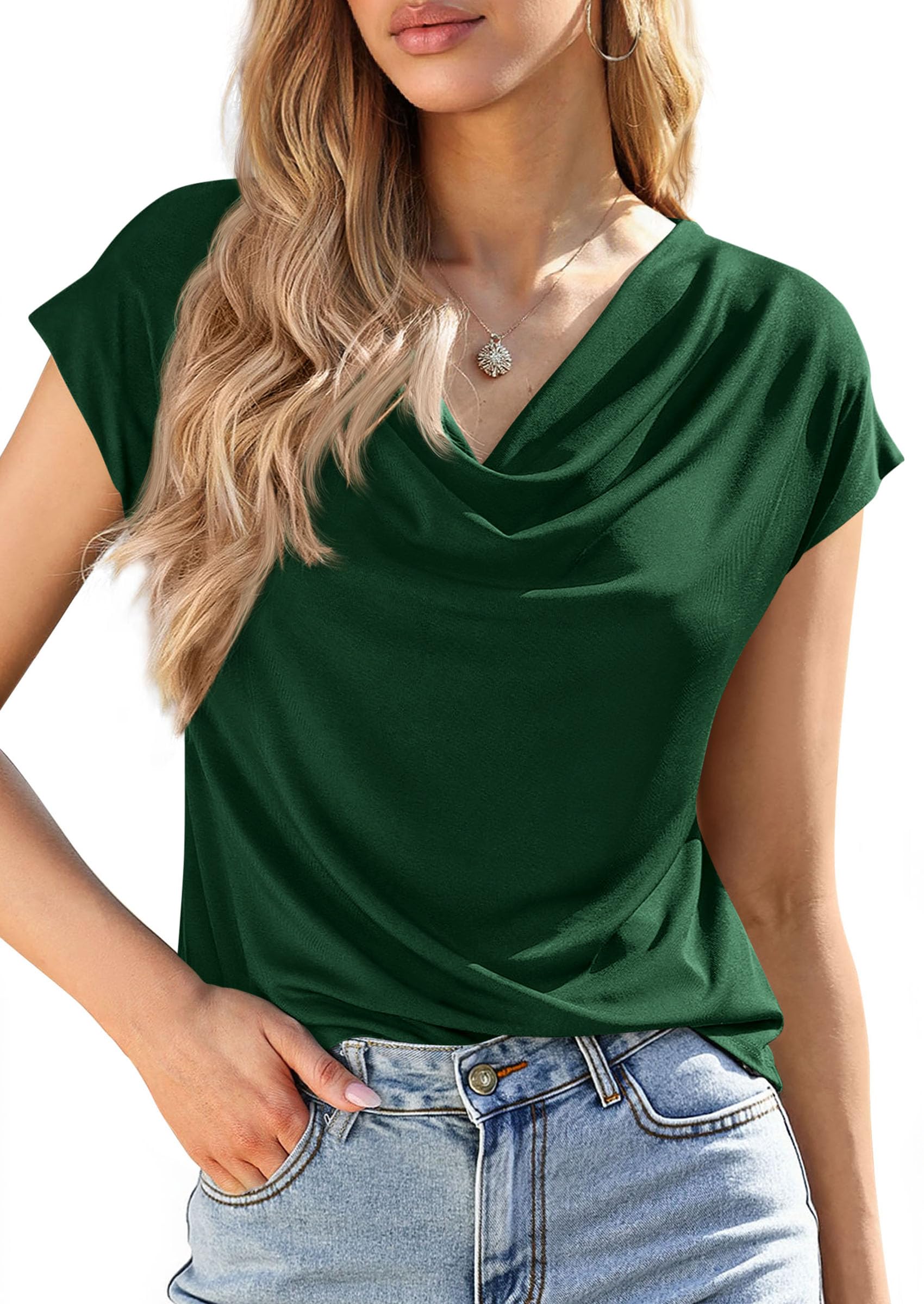 PRETTYGARDEN Womens Tops Dressy Casual Clothing Summer Cowl Neck Short Sleeve Blouses Spring Business Work Office Shirts
