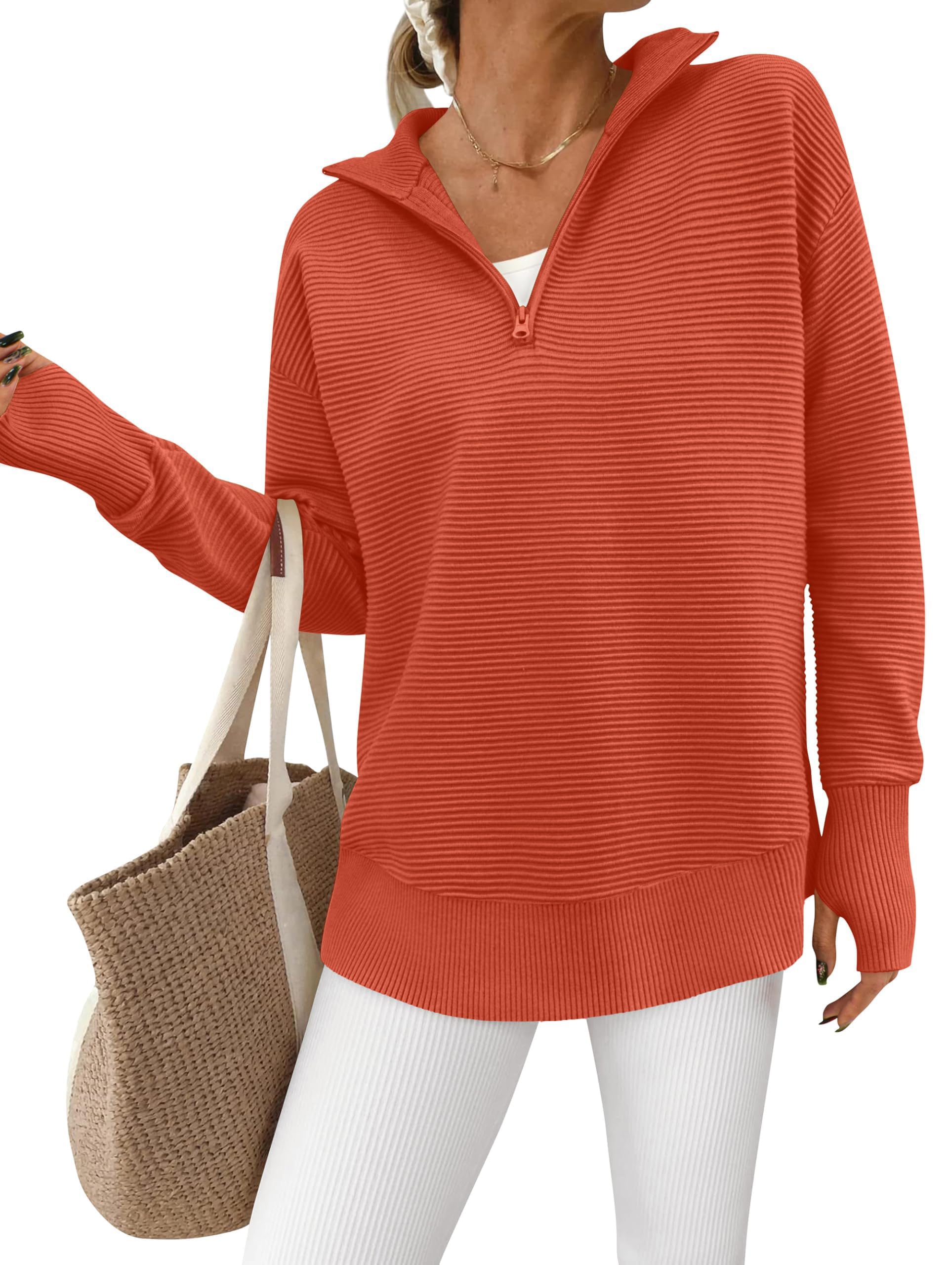 PRETTYGARDEN Womens Long Sleeve Quarter Zip Pullover Sweater Casual Loose V Neck Collared Ribbed Knit Jumper Tops Thumb Hole