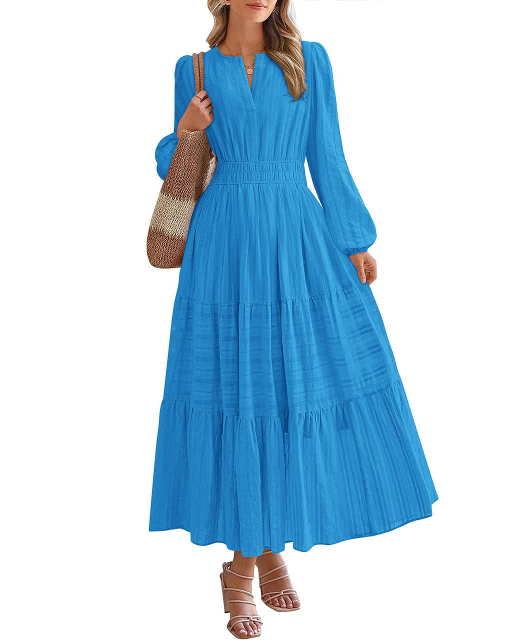 BTFBM Spring Dresses for Women 2026 Casual Long Sleeve V Neck Elastic Waist Lightweight Maxi Wedding Guest Dress Pockets