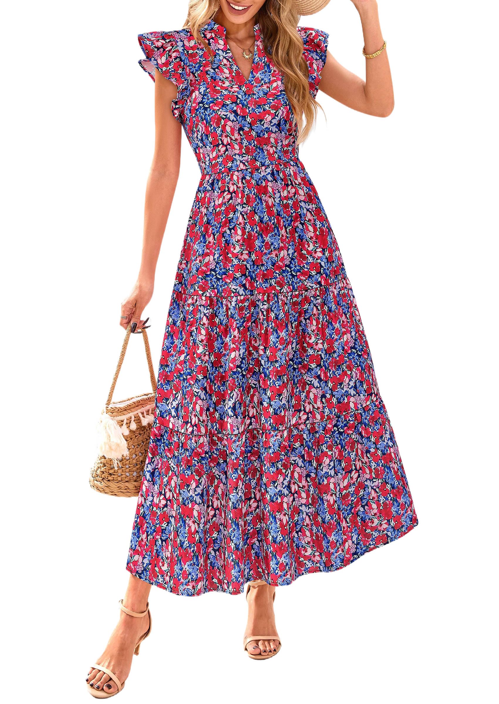 Visit the PRETTYGARDEN Store PRETTYGARDEN Women's Summer Floral Midi Dress Cap Sleeve V Neck Ruffle Long Flowy Boho Casual Beach Vacation Dresses