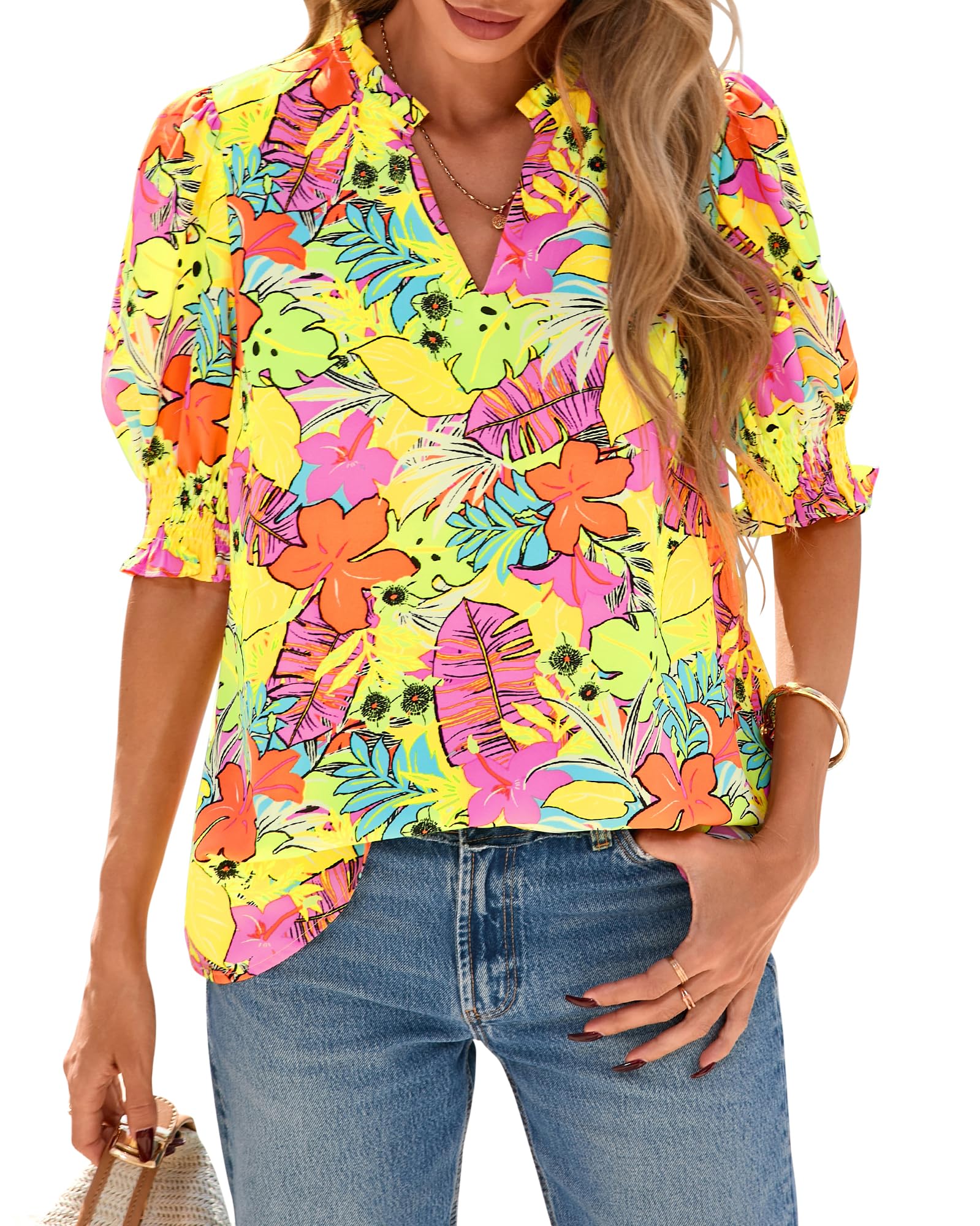 FreshPretty Summer Blouses for Women Dressy Casual  Fashion Spring Tops Floral Boho V Neck Puff Short Sleeve Top Shirts