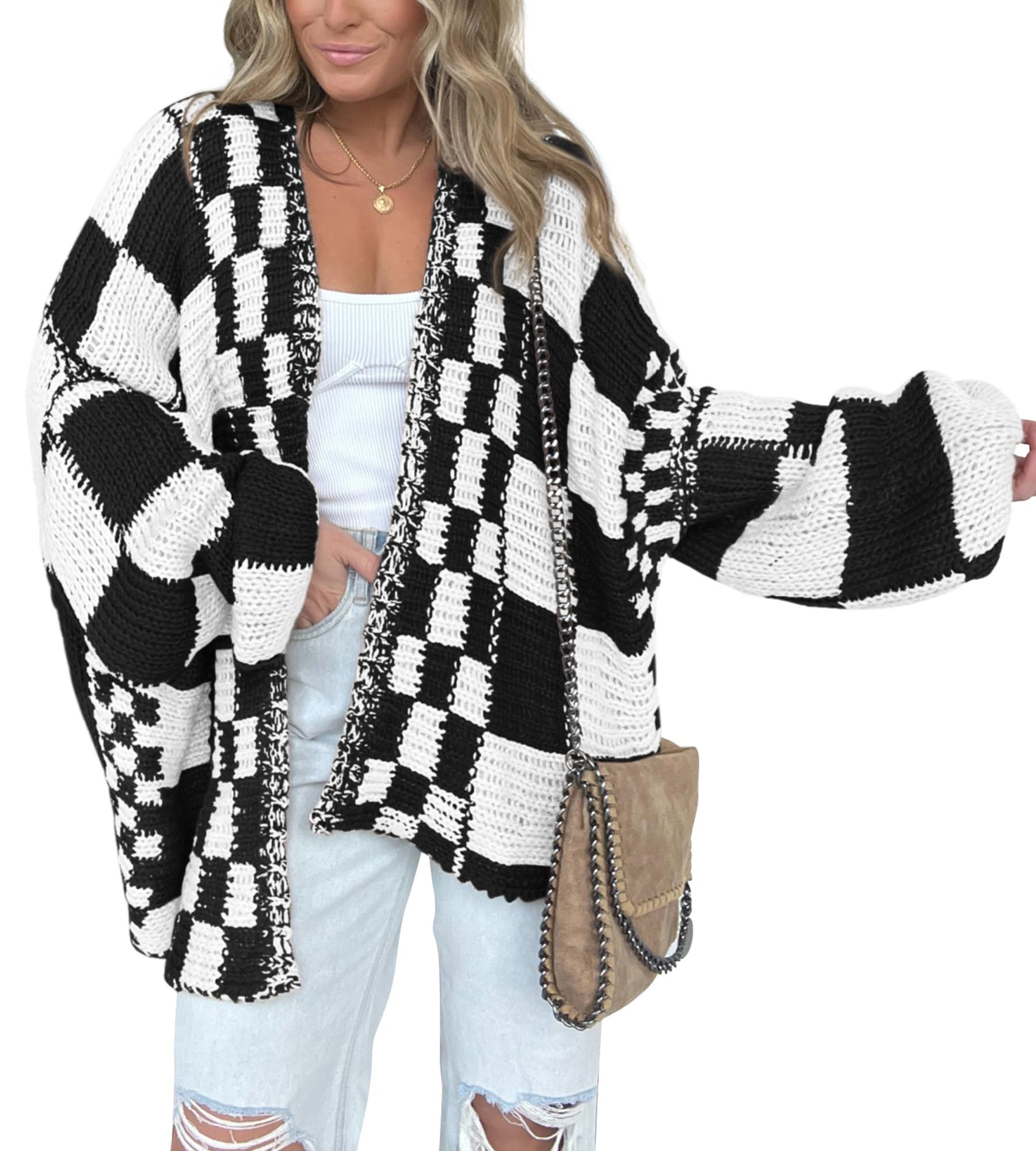 FreshPretty Casual Cardigan Sweater for Women Fall Long Sleeve Open Front Chunky Knit Sweaters Checkered Outwear Coat