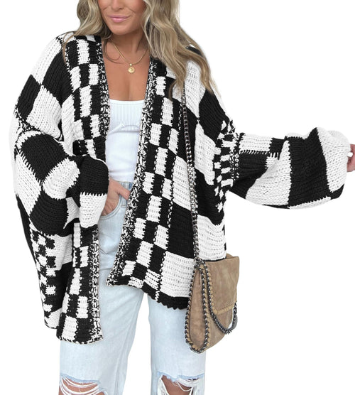 FreshPretty Casual Cardigan Sweater for Women Fall Long Sleeve Open Front Chunky Knit Sweaters Checkered Outwear Coat