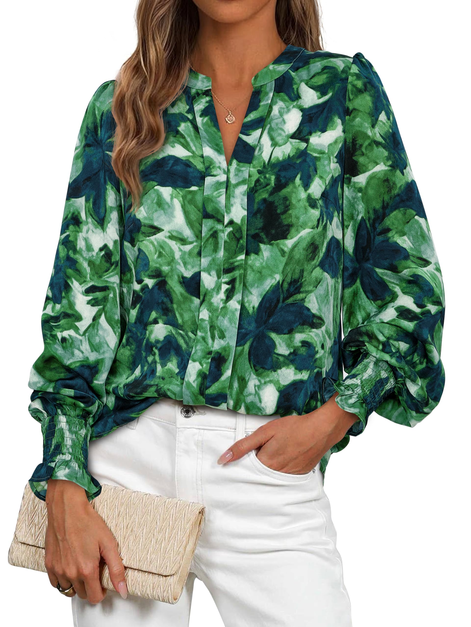 FreshPretty Womens Boho Floral Long Sleeve Tops Fall Fashion V Neck Loose Chiffon Work Blouses Dressy Casual Ruffle Shirts