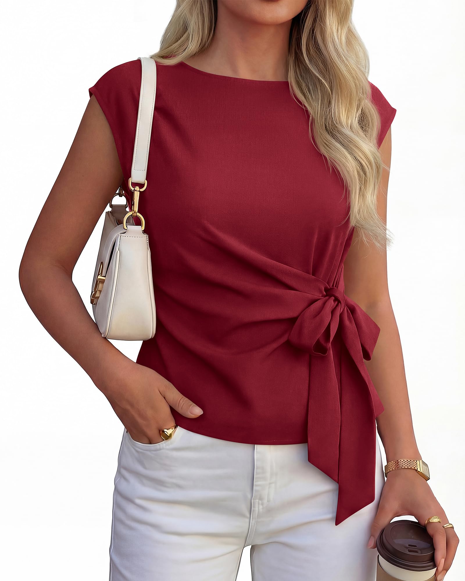 FreshPretty Womens Tops Summer Cap Sleeve Crew Neck Tie Waist Blouses Dressy Casual Business Work Clothes Spring Fashion