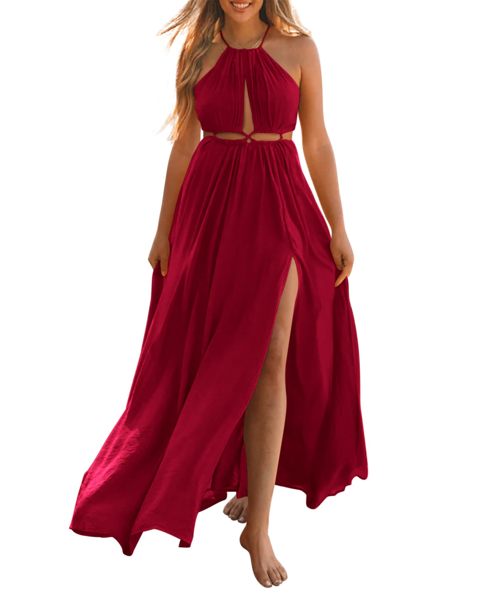 BTFBM Women Halter Summer Dresses Sleeveless Cutout Backless Sundress Slit Boho Maxi Beach Wedding Guest Dress