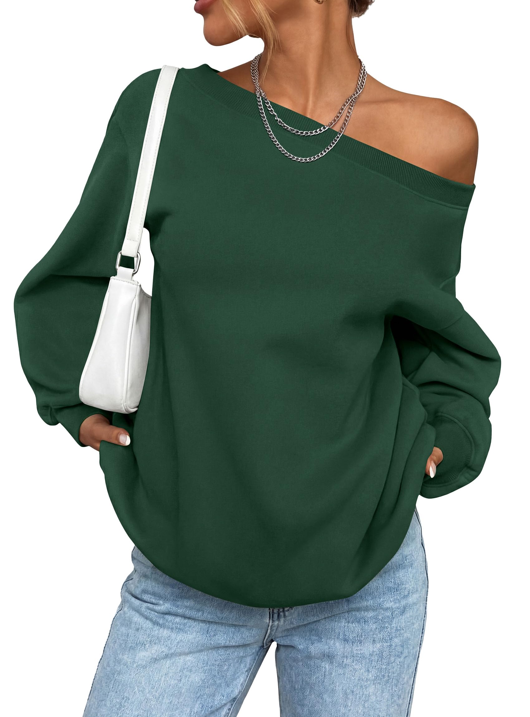 PRETTYGARDEN Womens Off The Shoulder Sweatshirt Loose Fit Slouchy Long Sleeve Tops,Fleece Cropped Sweatshirts,Oversized Pullover,Casual Daily Street Y2K Outfits,Fall Winter Clothes