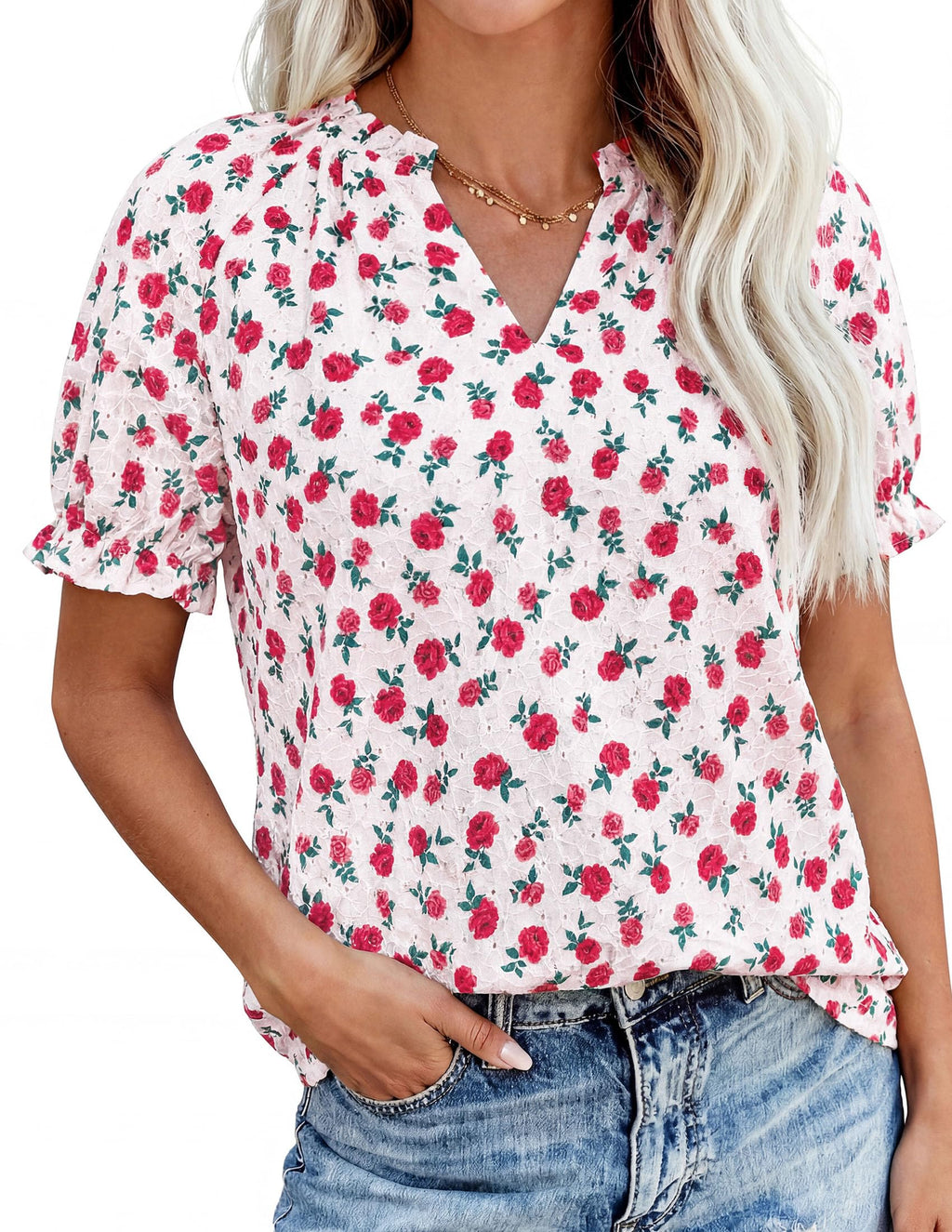 PRETTYGARDEN Summer Short Sleeve V Neck Shirts for Women Trendy Floral Print Loose Ruffle Tops Business Casual Blouses