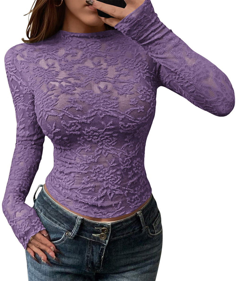 BTFBM Mesh Long Sleeve Tops for Women Lace Sheer Tight See Through Crew Neck Spring Fall Party Club Outfits