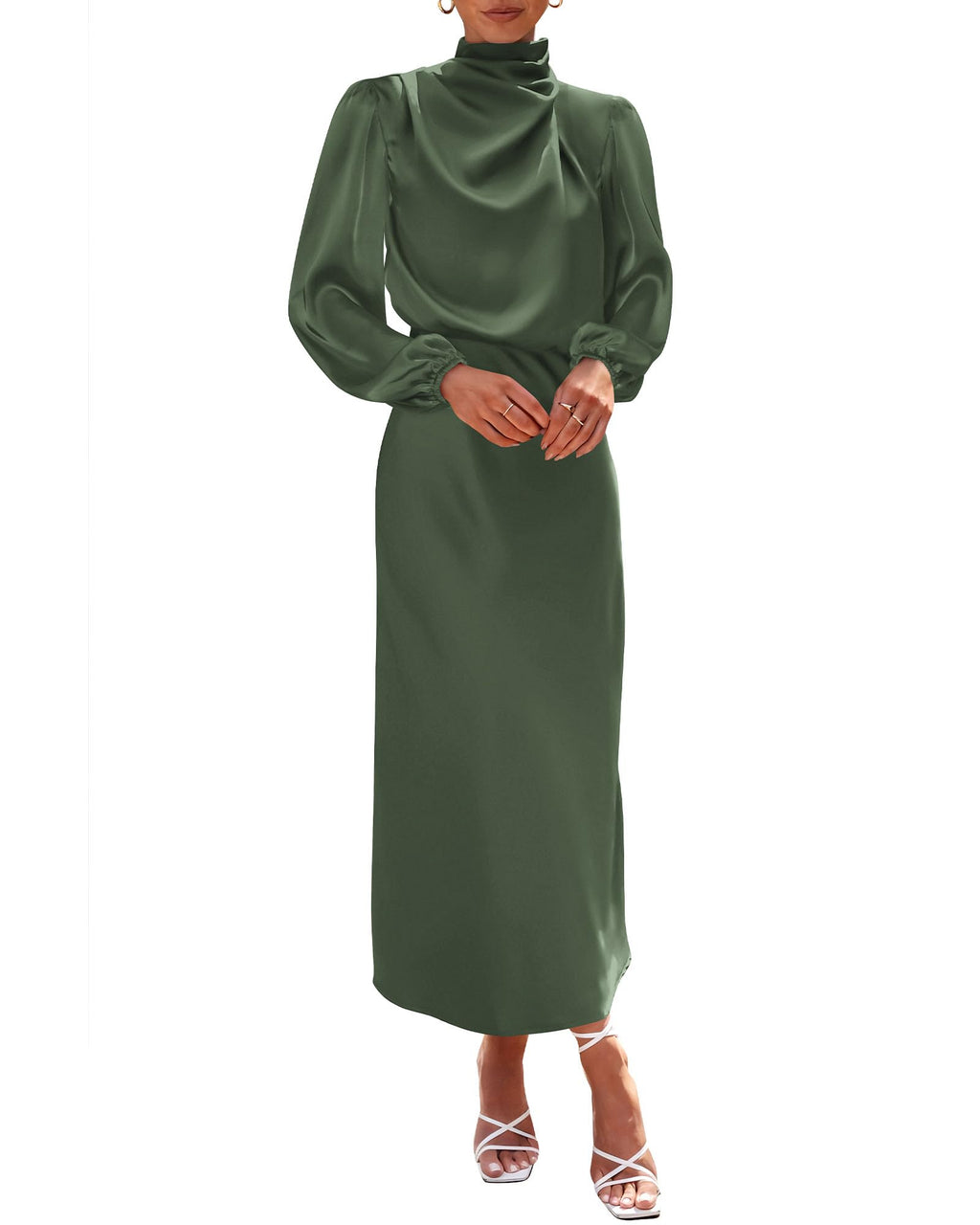 BTFBM Womens Mock Neck Satin Dress Spring Summer Long Sleeve Lightweight Formal Wedding Party Maxi Cocktail Dresses