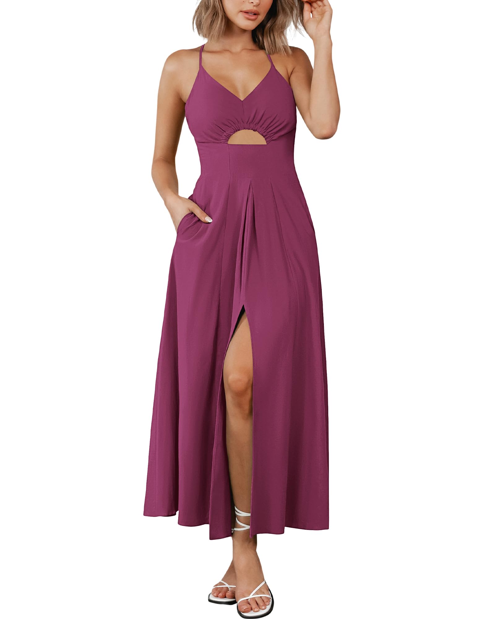 BTFBM Women Spaghetti Strap Midi Summer Dresses Sleeveless V Neck Cutout Slit Casual Beach Party Maxi Dress Pockets