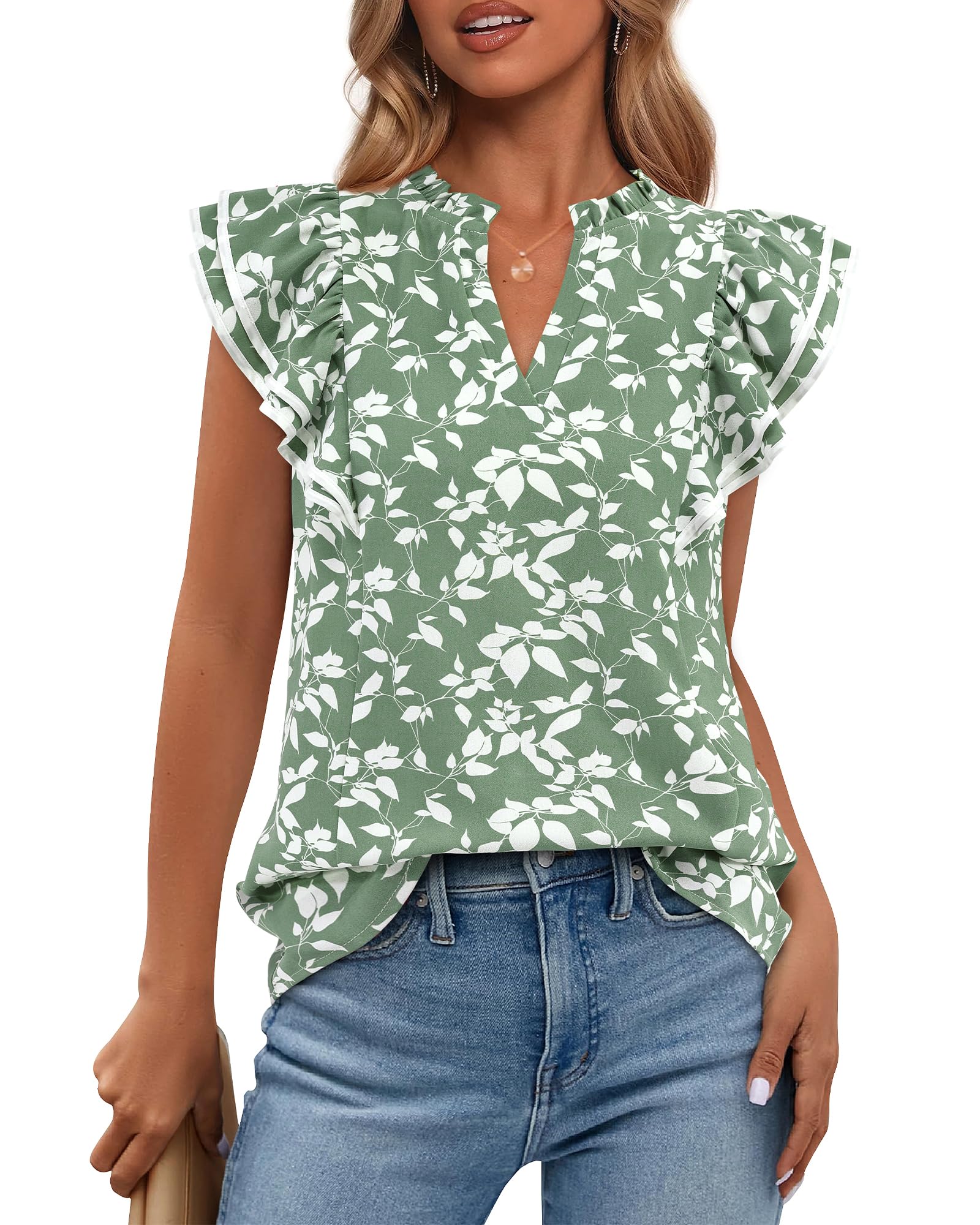 FreshPretty Womens Tops Dressy Casual Spring Summer Shirts Boho Floral V Neck Ruffle Cap Sleeve Business Work Blouses