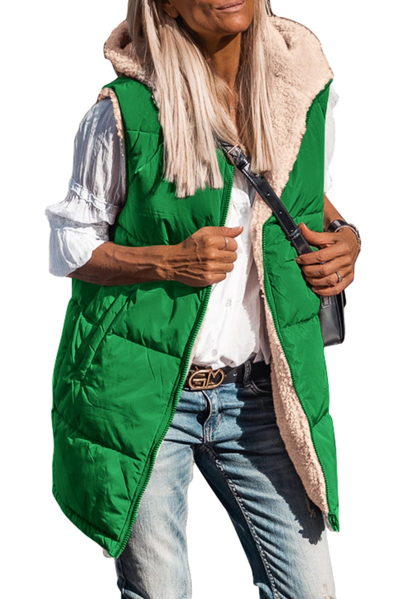 PRETTYGARDEN Womens Fall Reversible Long Vests Sleeveless Fleece Jacket Zip Up Hoodie Pockets Warm Coat Winter Clothing
