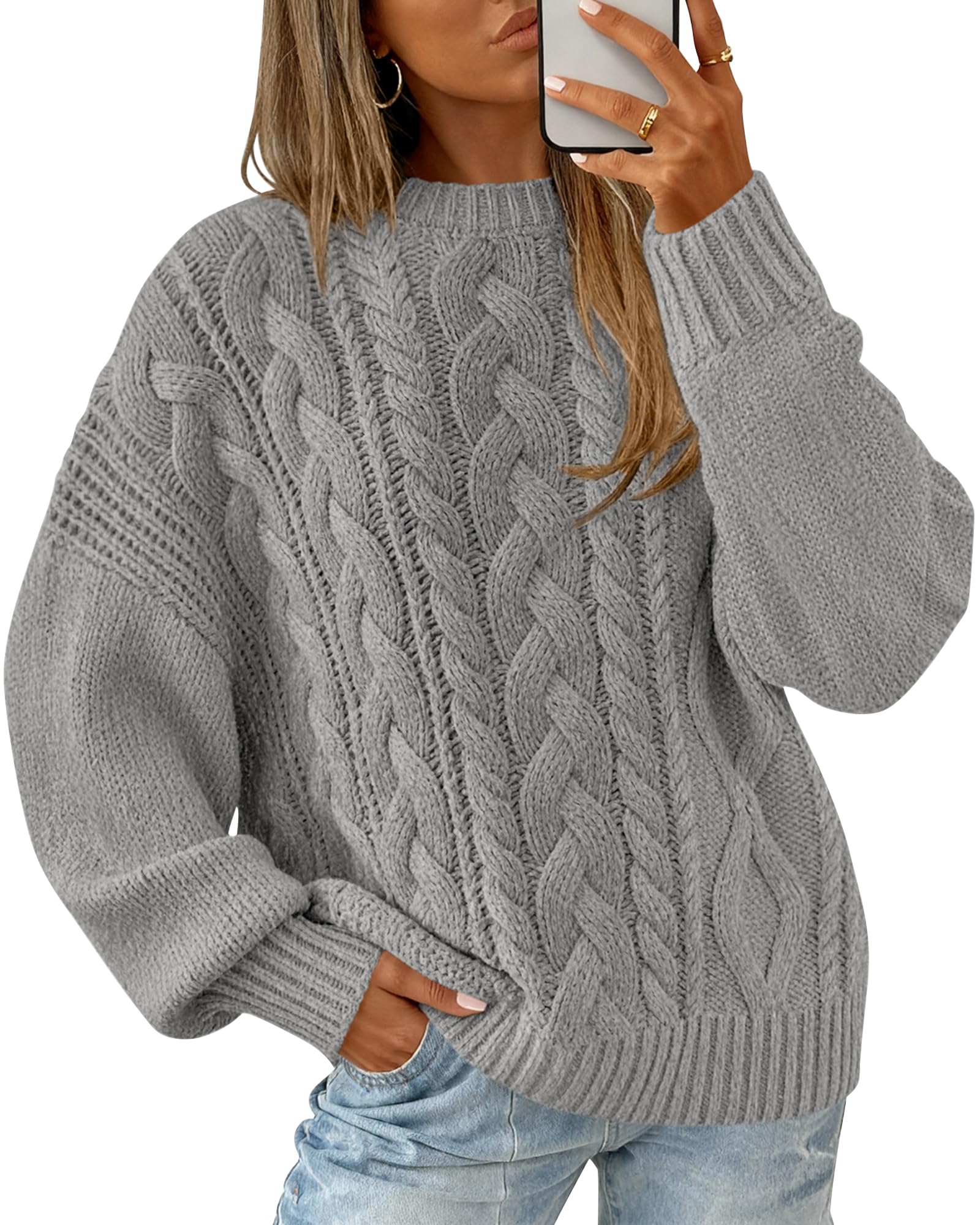 BTFBM Women's Oversized Sweaters Batwing Long Sleeve Cable Knit Crewneck Pullover Tops Fall Outfits Winter Clothing