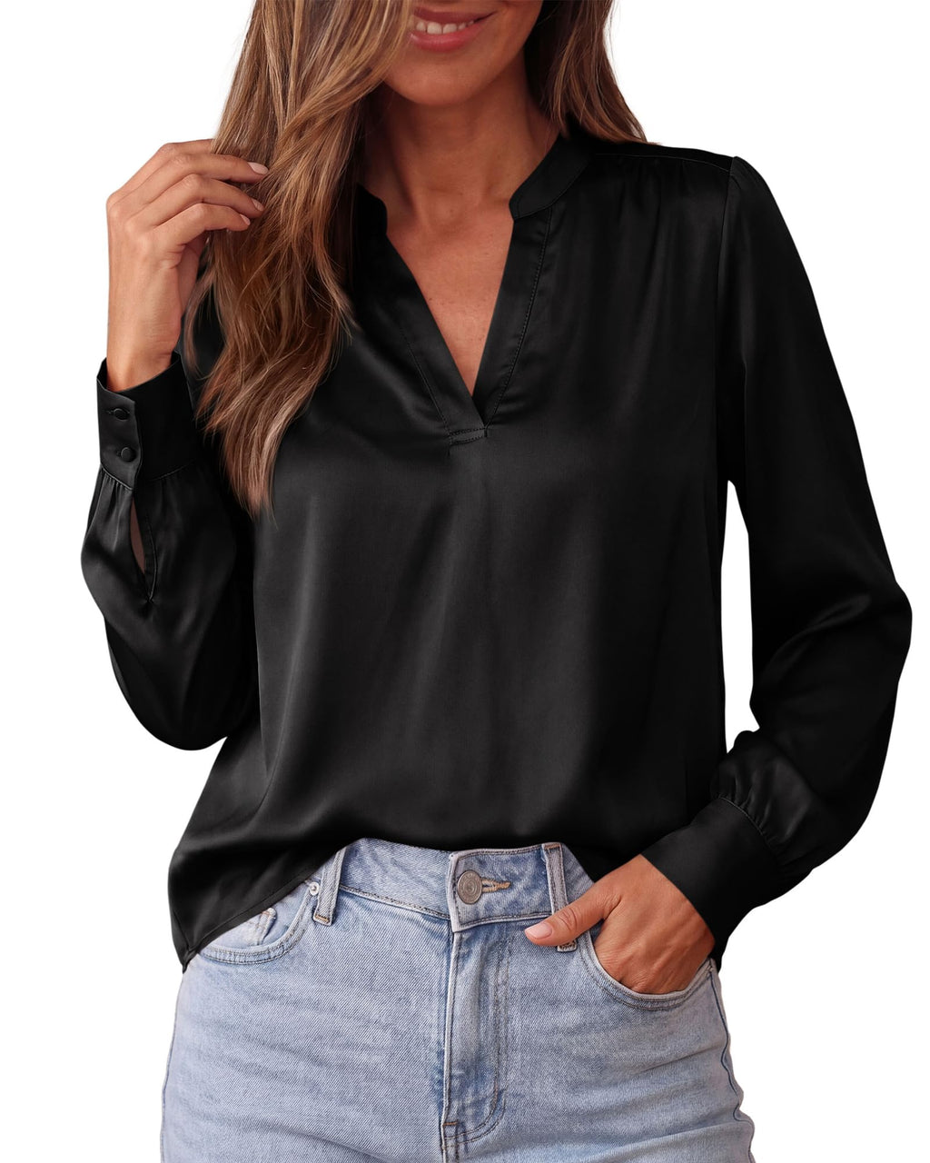 BTFBM Satin Blouses for Women Dressy Casual | Lightweight,V Neck,Long Sleeve Tops,Going Out Outfits,Fall Fashion Clothing
