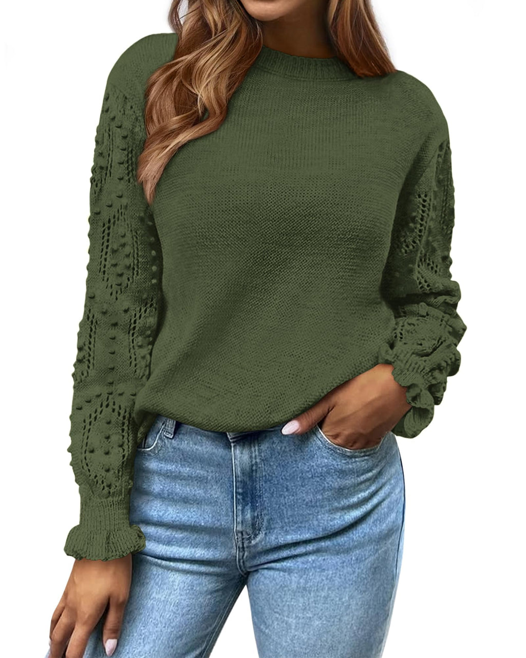 BTFBM Fall Sweaters for Women Crew Neck Long Sleeve Hollow Out Swiss Dot Knit Casual Pullover Tops Fashion Clothing