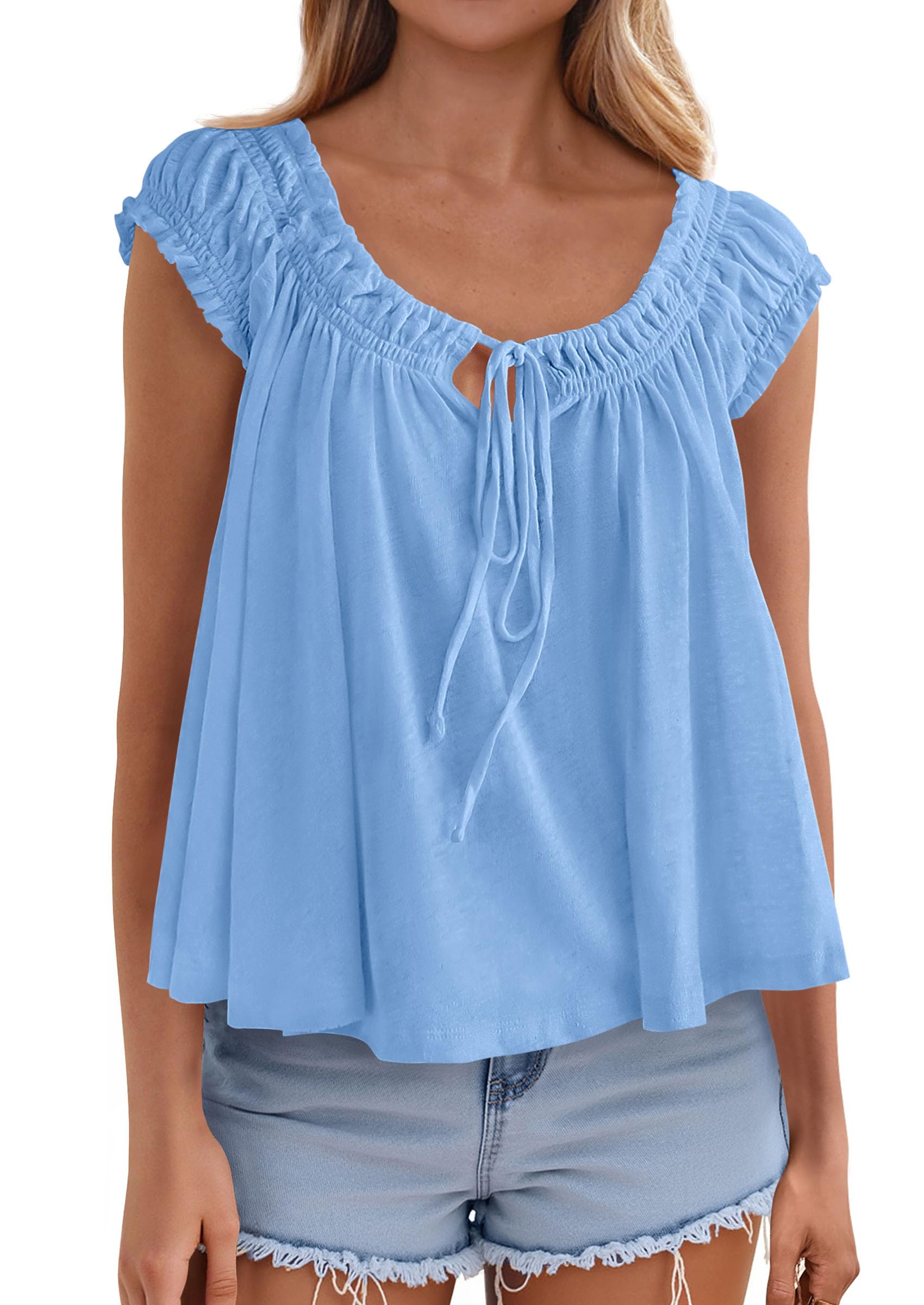 PRETTYGARDEN Women Babydoll Tops Summer Clothes Cap Sleeve Tie Front Flowy Tank Top Peplum Blouses Cute Going Out Shirts
