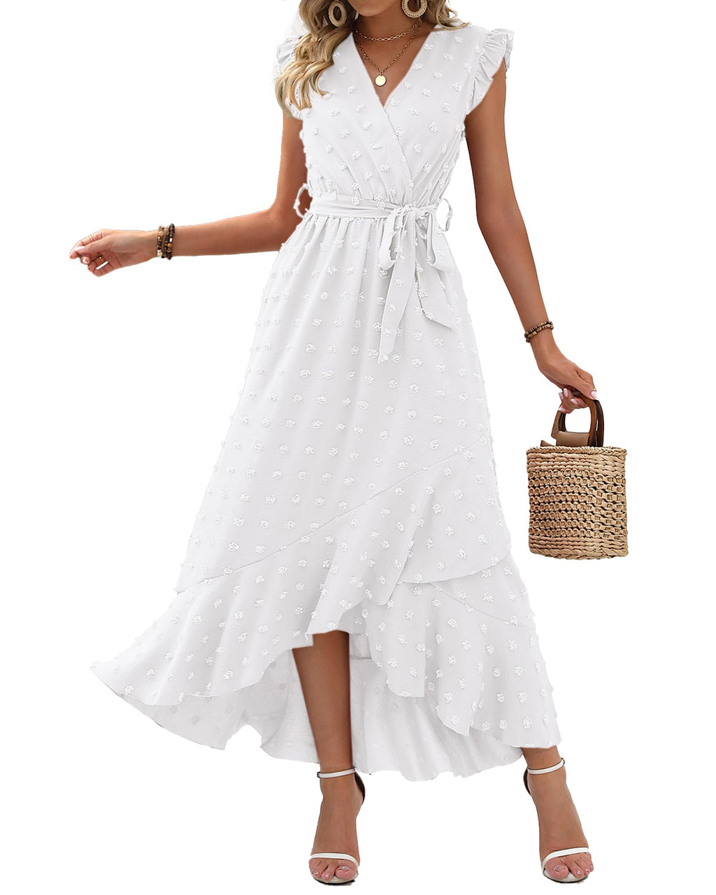 BTFBM Boho Dresses for Women Spring Fashion Cap Sleeve Swiss Dot Flowy Ruffle Beach Wedding Cocktail Maxi Dress