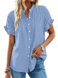 FreshPretty Womens Button Down Shirts Ruffle Short Sleeve Loose Summer Tops Dressy Casual V Neck Business Work Blouses