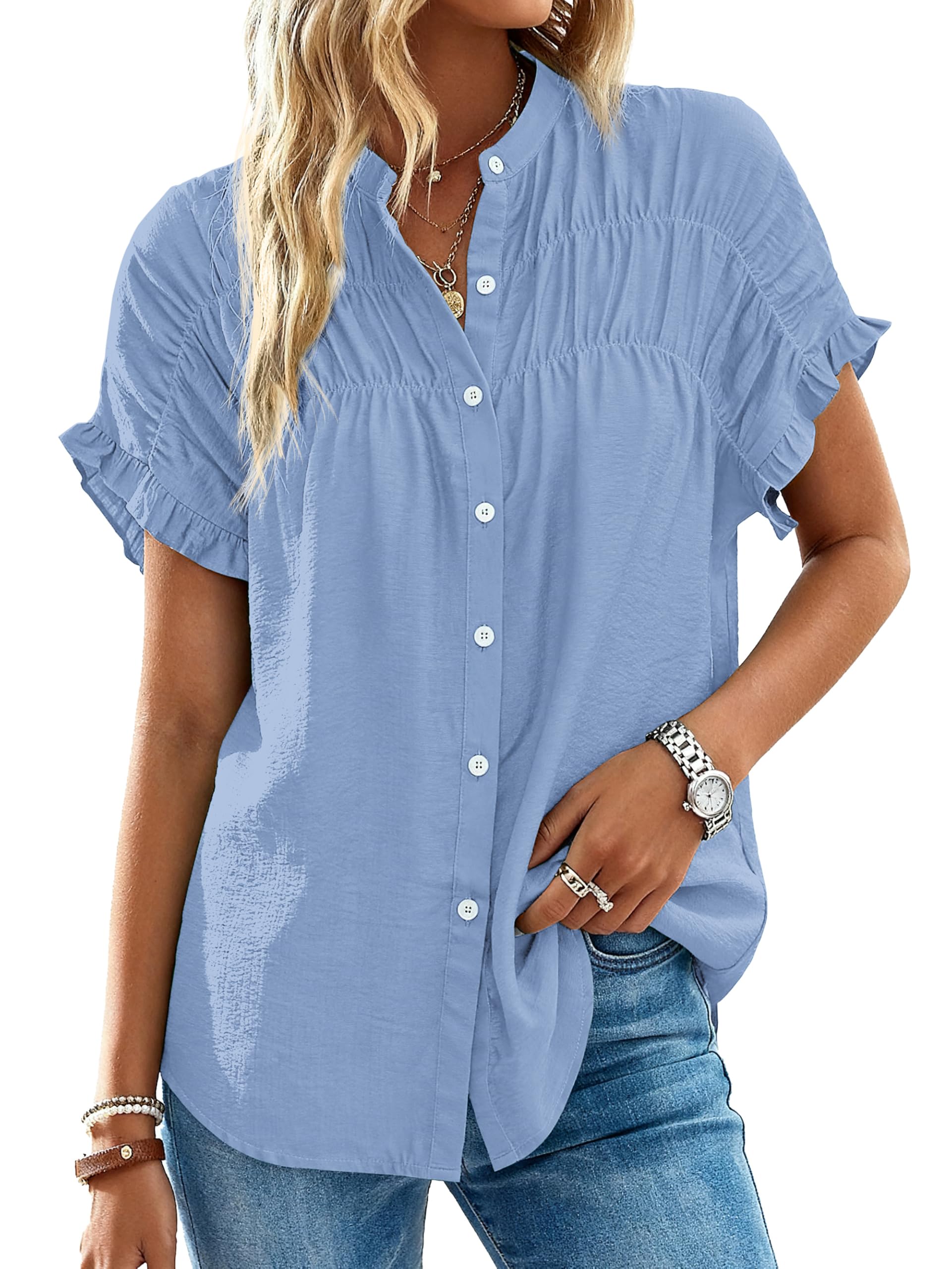FreshPretty Womens Button Down Shirts Ruffle Short Sleeve Loose Summer Tops Dressy Casual V Neck Business Work Blouses