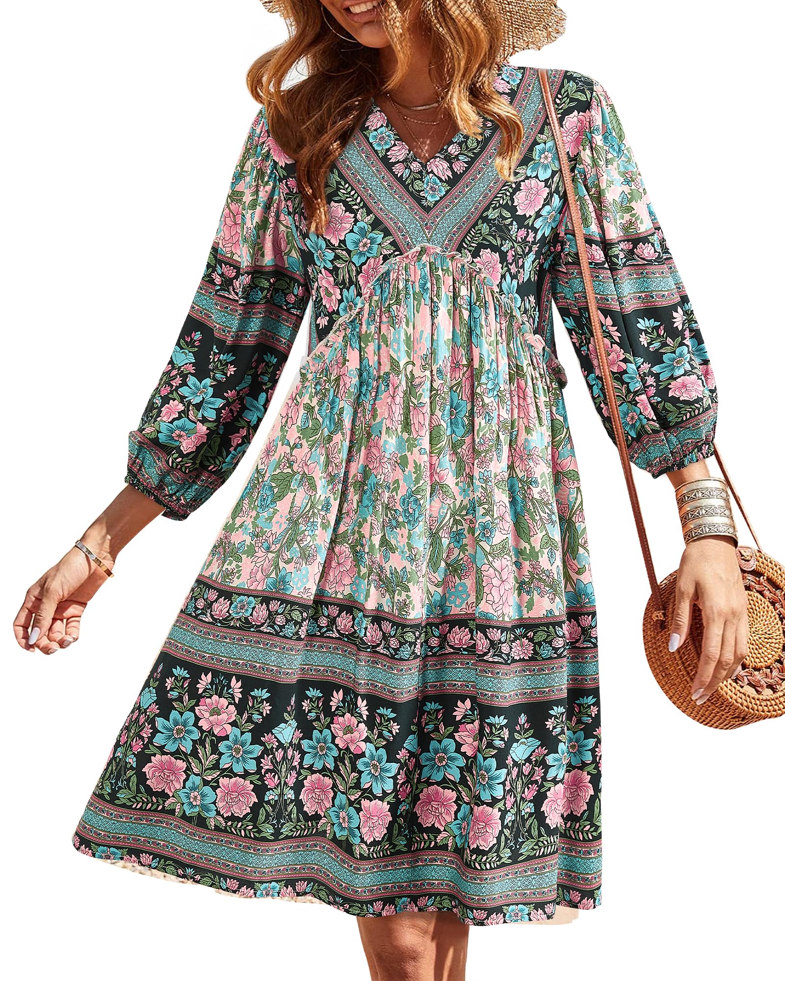 BTFBM Women Casual Spring Summer Dresses V Neck 3/4 Long Sleeve Ruffle Floral Flowy Boho Babydoll Mini Short Beach Dress