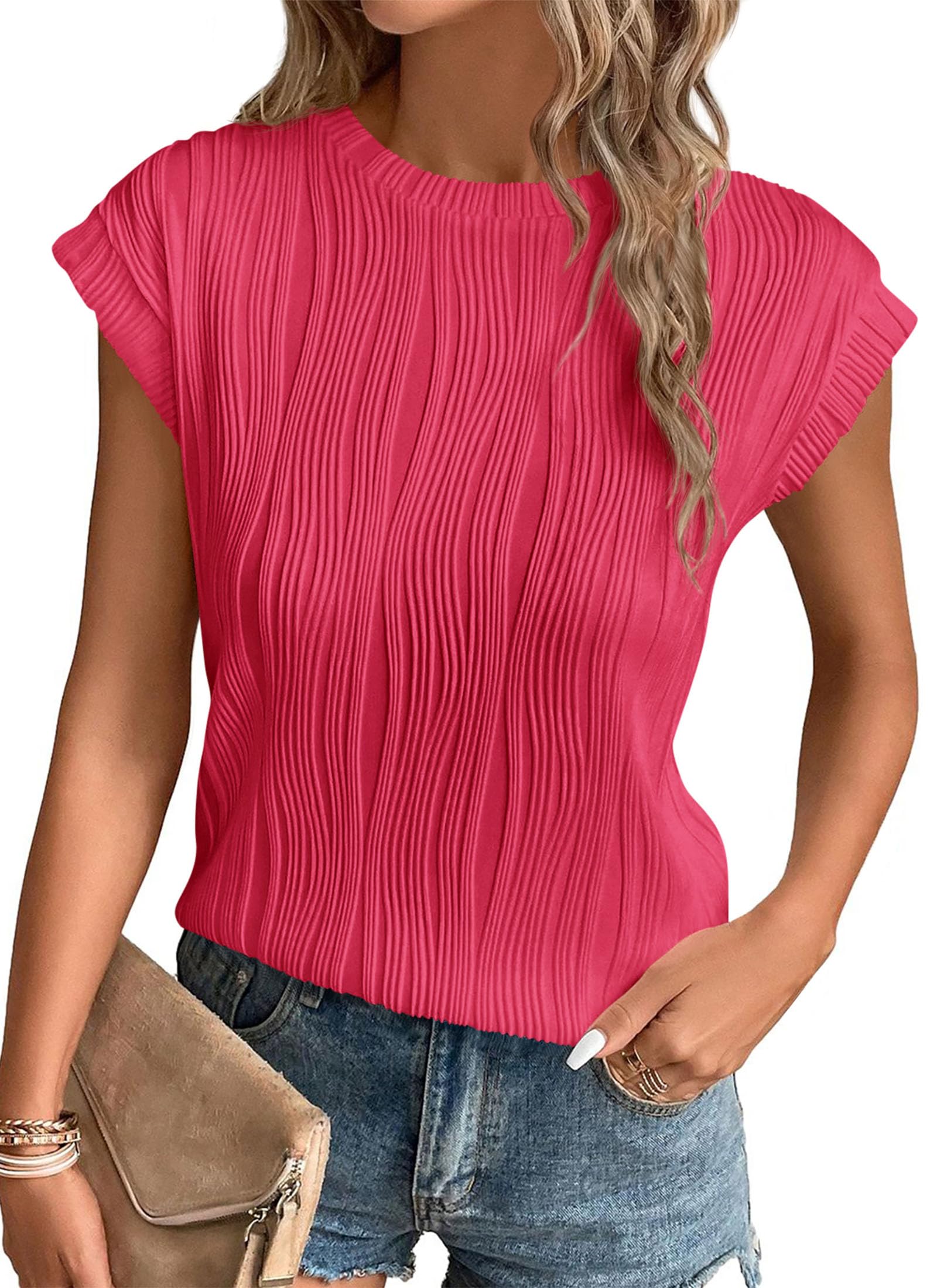 PRETTYGARDEN Blouses for Women Dressy Casual Spring Summer Business Office Tops Cap Sleeve Textured Cute Work Shirt