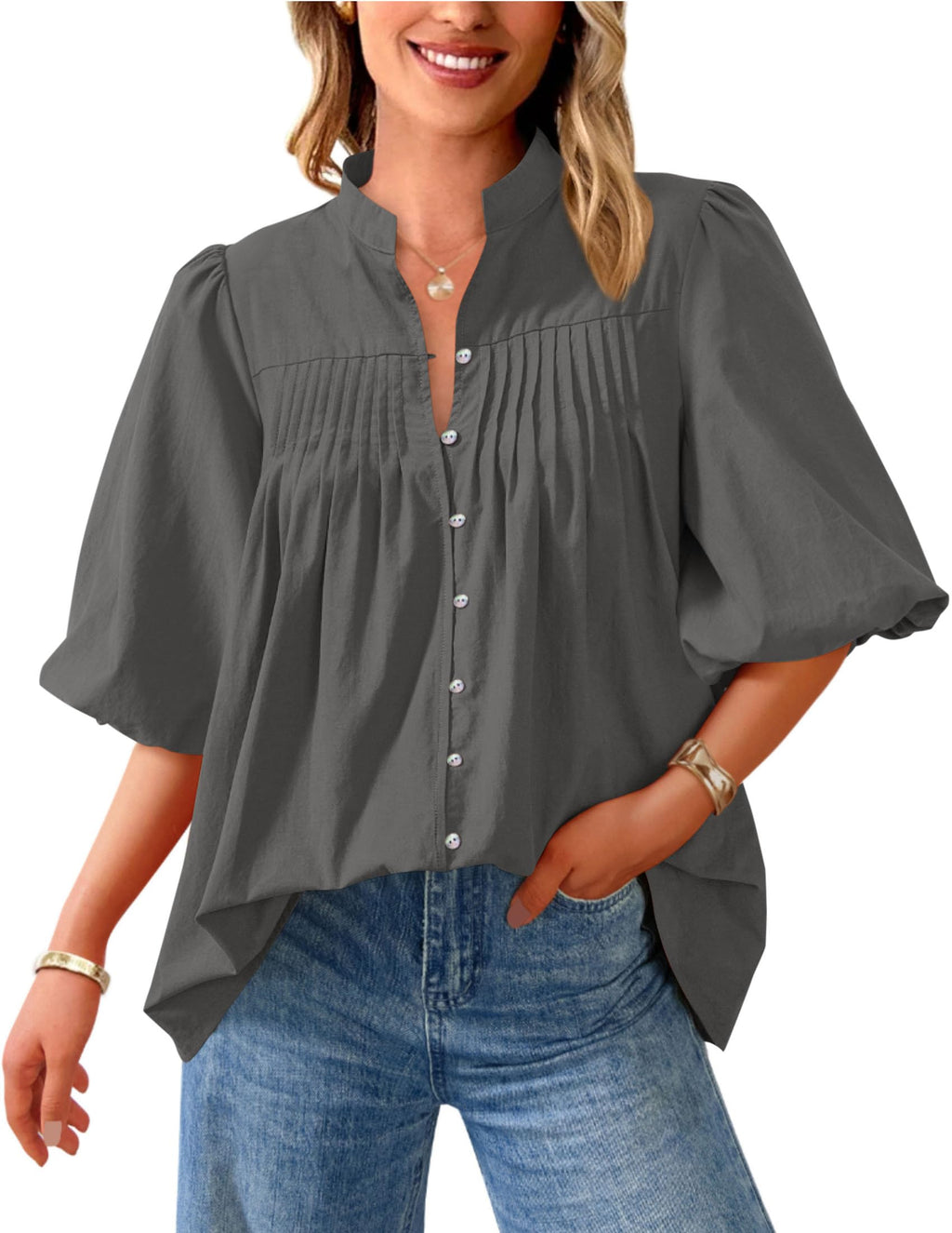 PRETTYGARDEN Women's  Summer Short Lantern Sleeve Tops Loose Fit Button Down Shirt Pleated V Neck Blouses Trendy Clothes