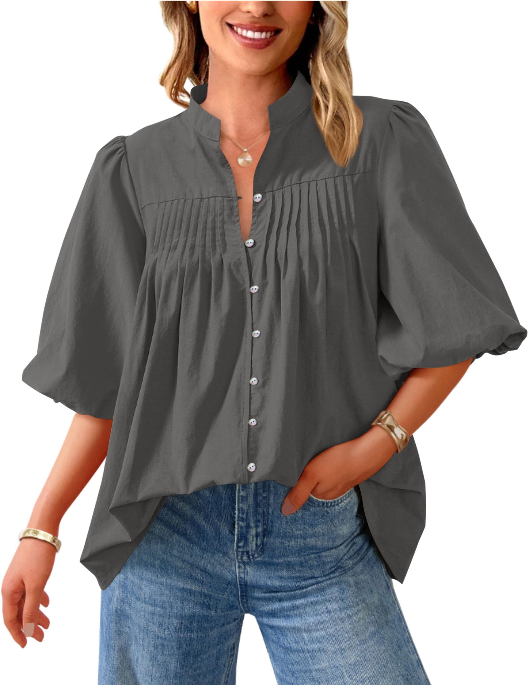 PRETTYGARDEN Women's  Summer Short Lantern Sleeve Tops Loose Fit Button Down Shirt Pleated V Neck Blouses Trendy Clothes