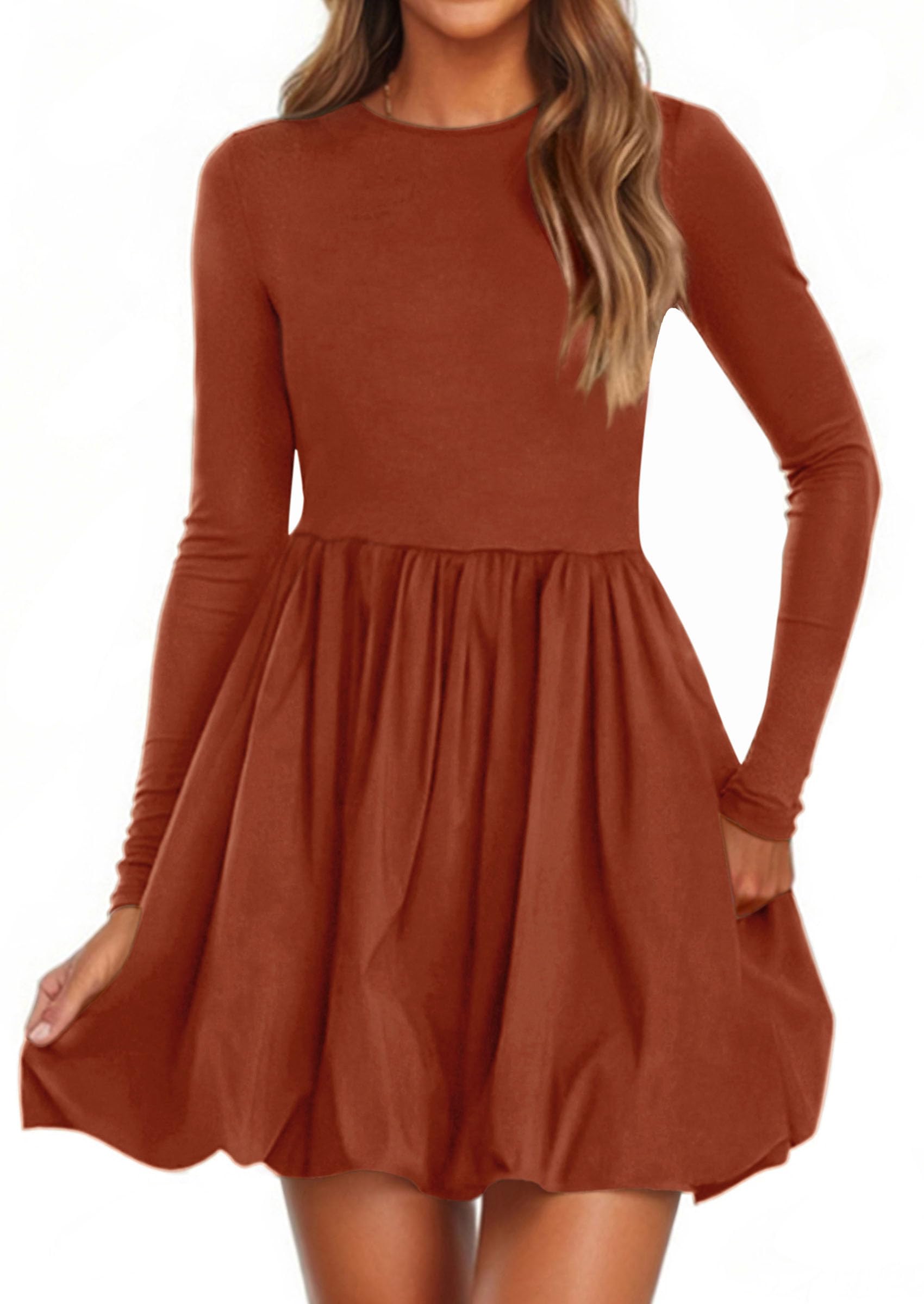 PRETTYGARDEN Fall Dresses for Women Casual Long Sleeve Bubble Cute Crew Neck A Line Mini Short Dress with Pockets